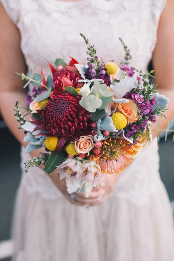 Colourful waratah wedding bouquet with Australian native flowers