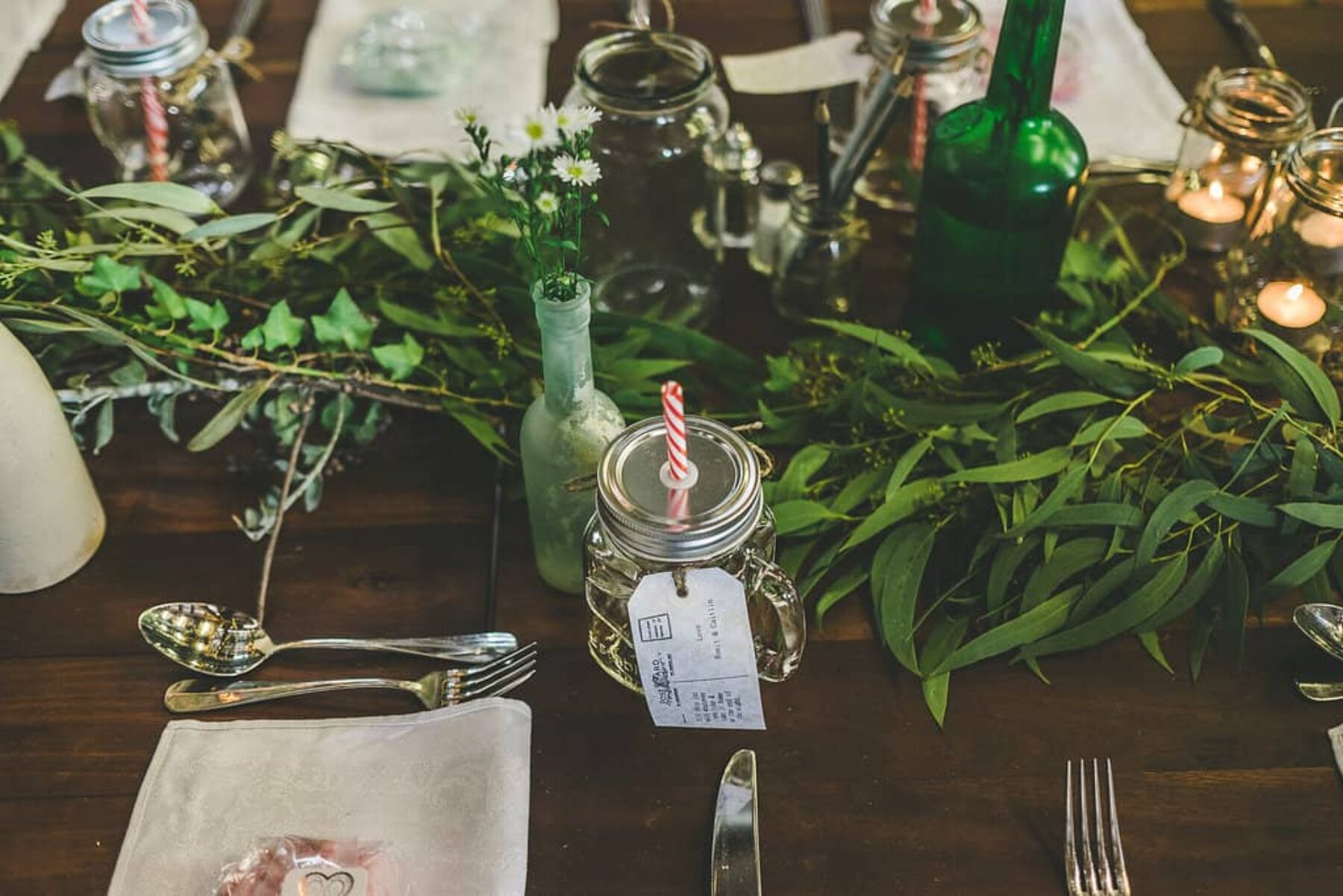 Rustic tablescape with mason jar drinks