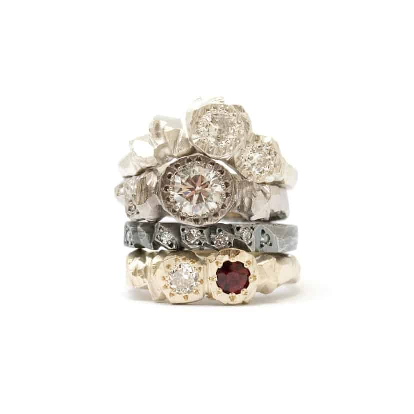 Unique engagement rings by Australian jewelers / mixed stone and diamond ring stack by Kim Victoria