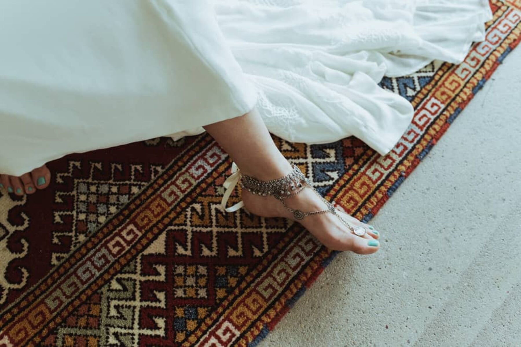 boho barefoot bride wearing gypsy anklet