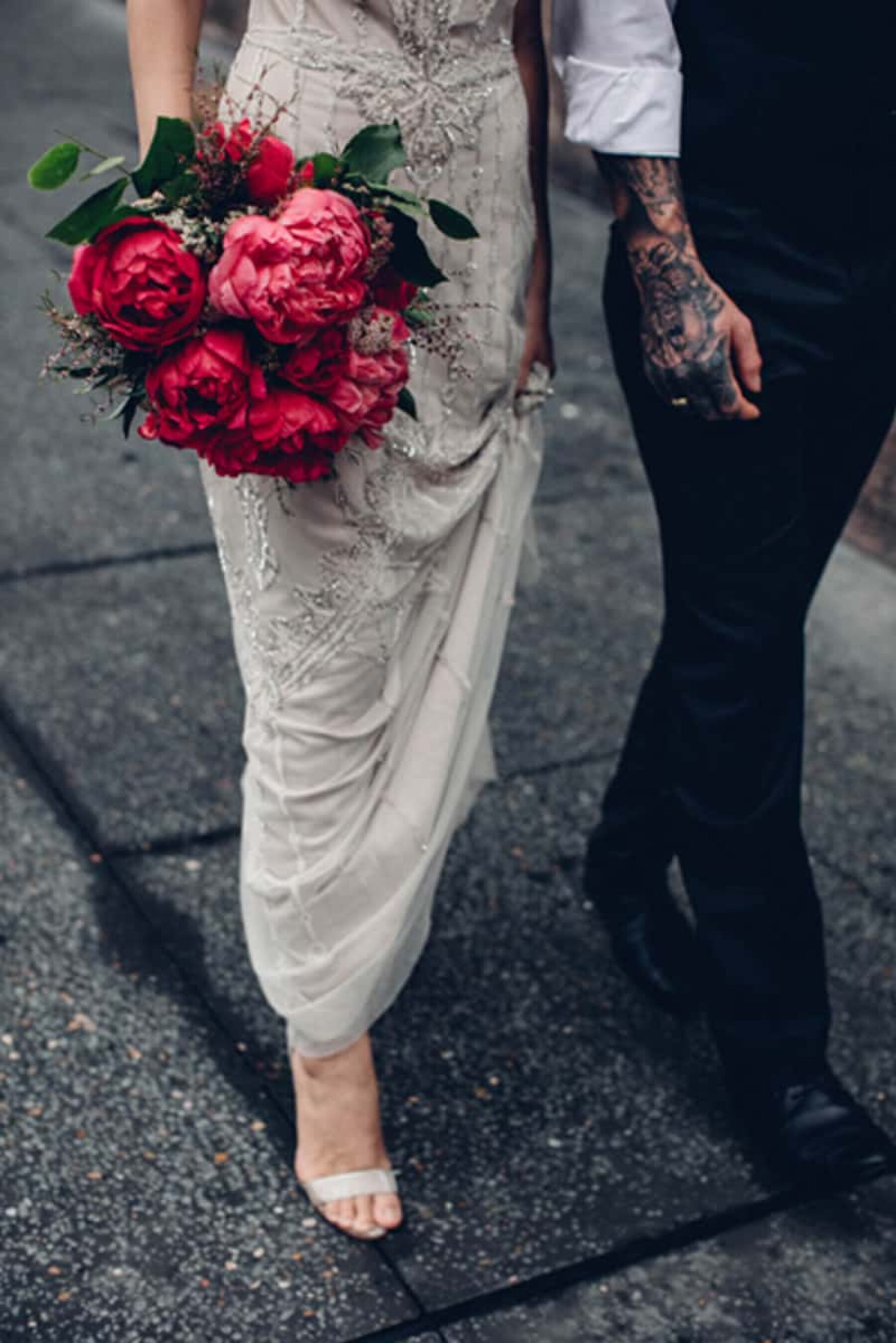 Beaded wedding dress by Gwendolynne / Pink peony bouquet