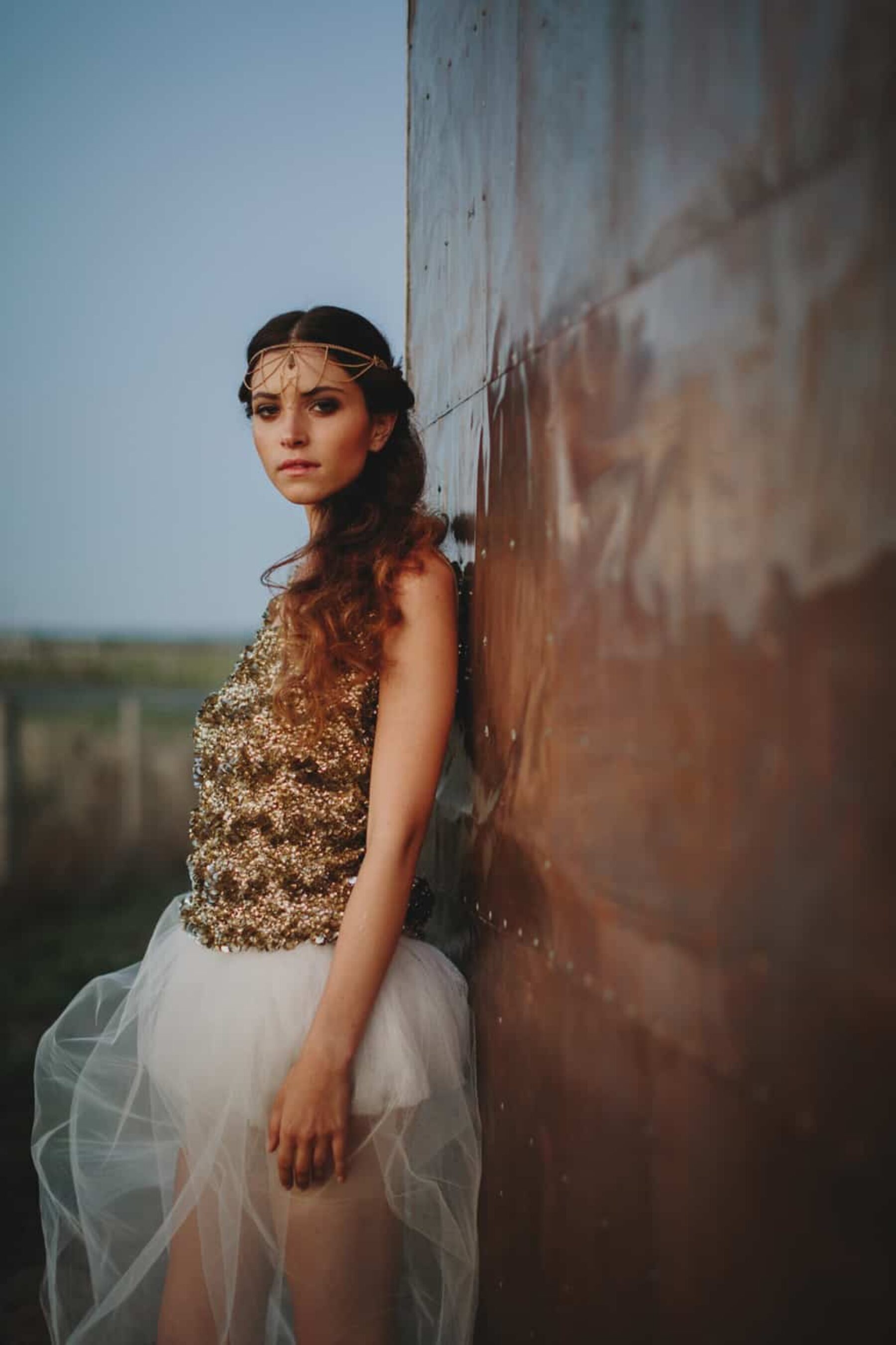 gold wedding dress and headpiece