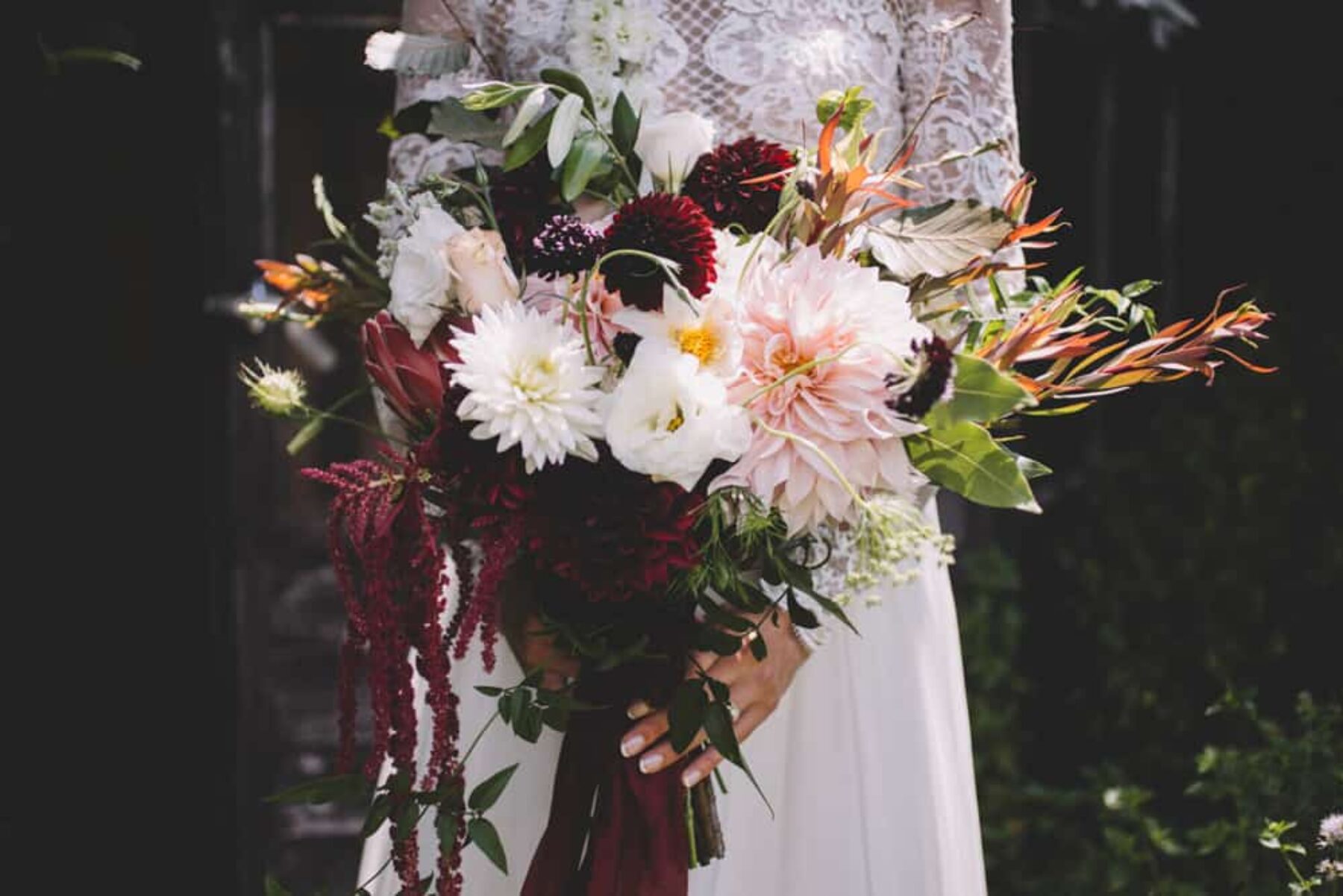 dahlia and amaranth wedding bouquet