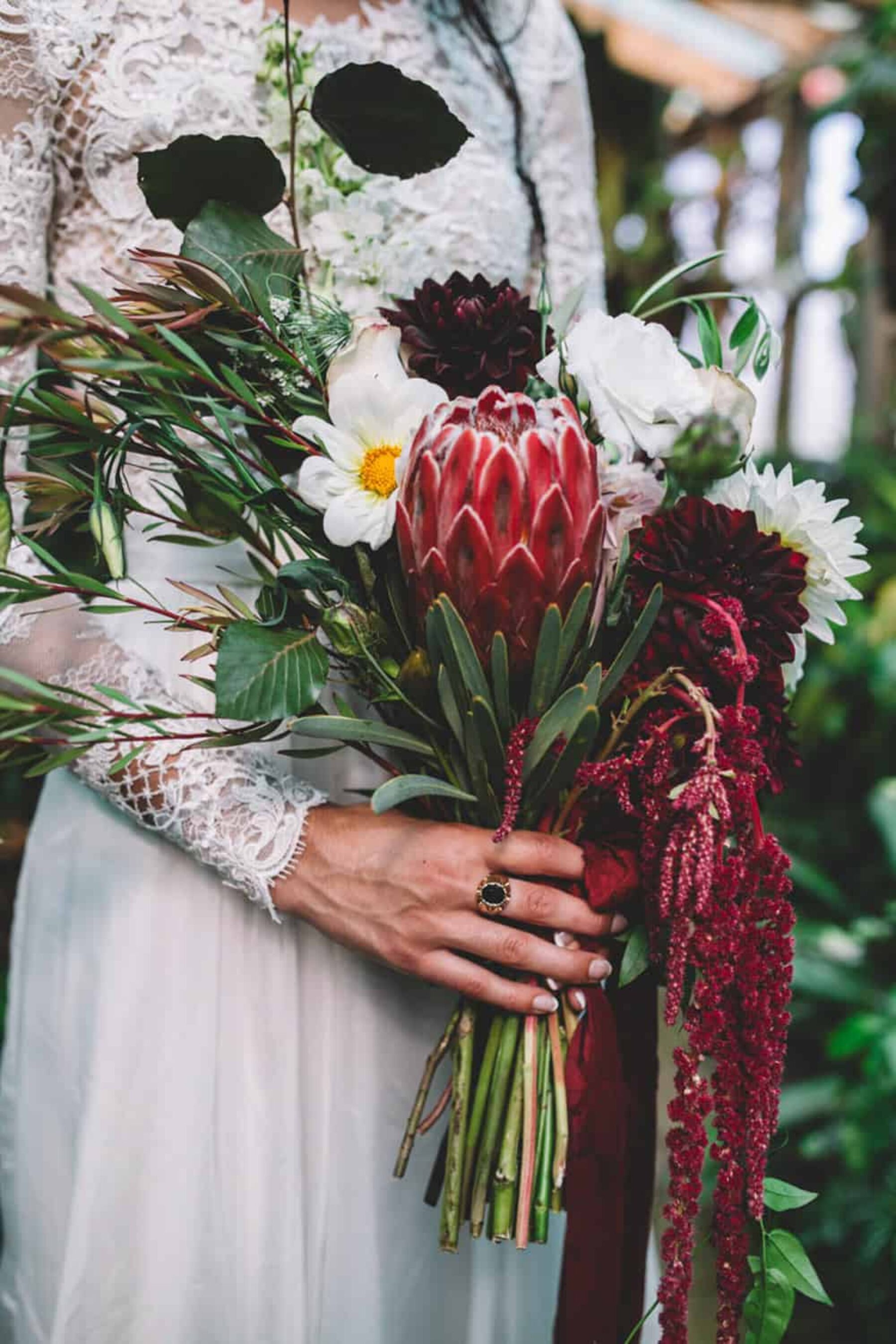 protea and amaranth wedding bouquet