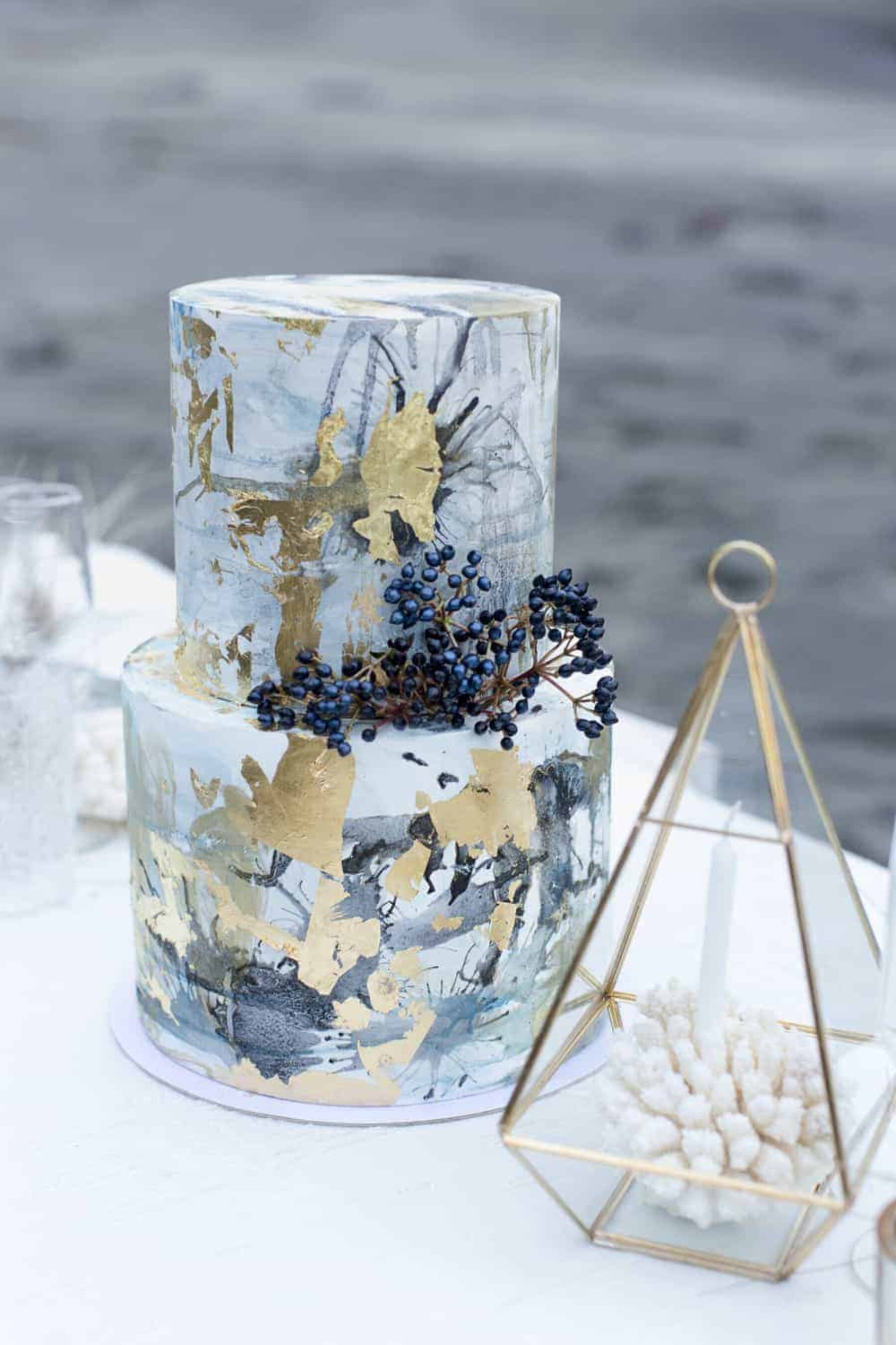 ink and gold leaf wedding cake
