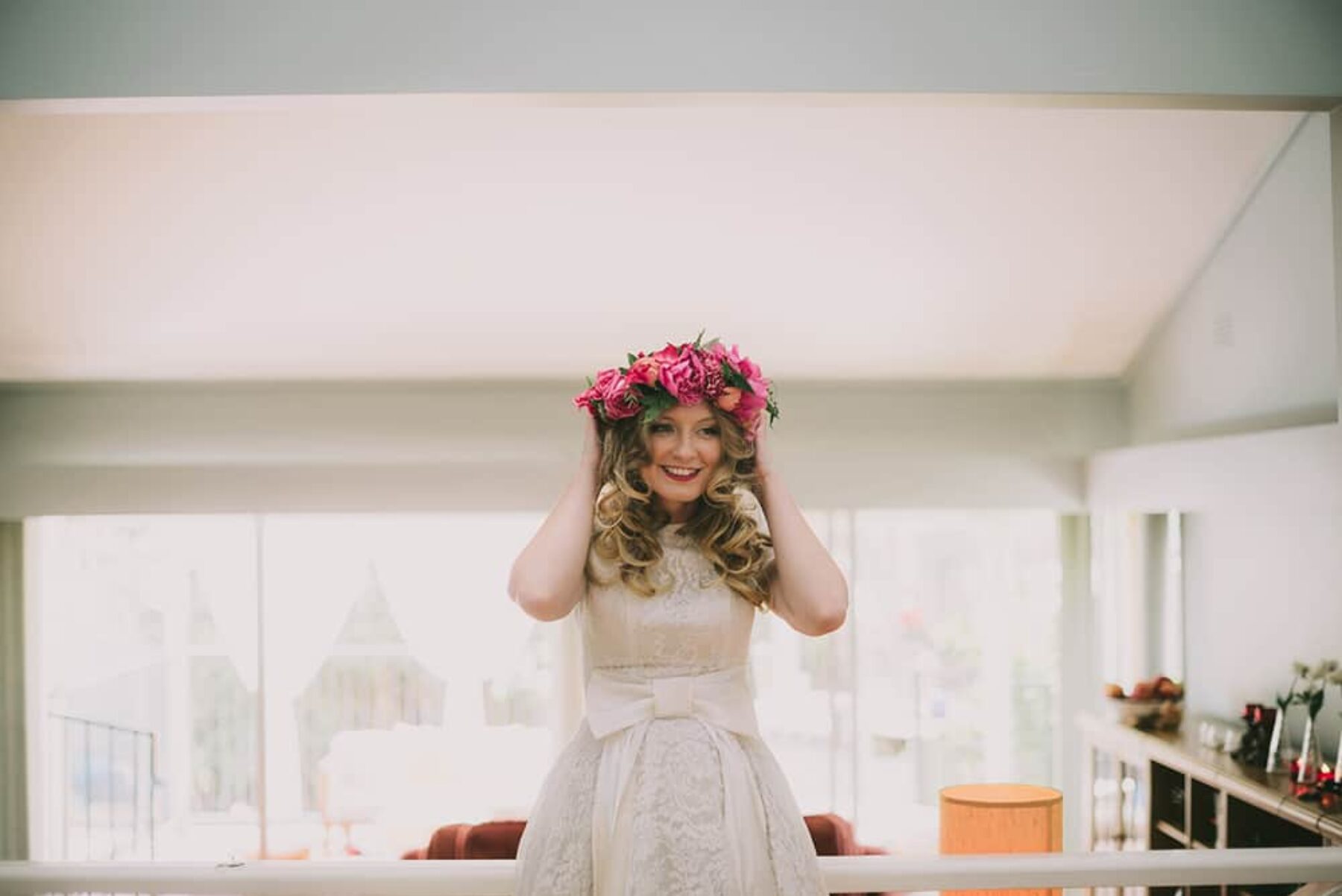 bride with vibrant flower crown
