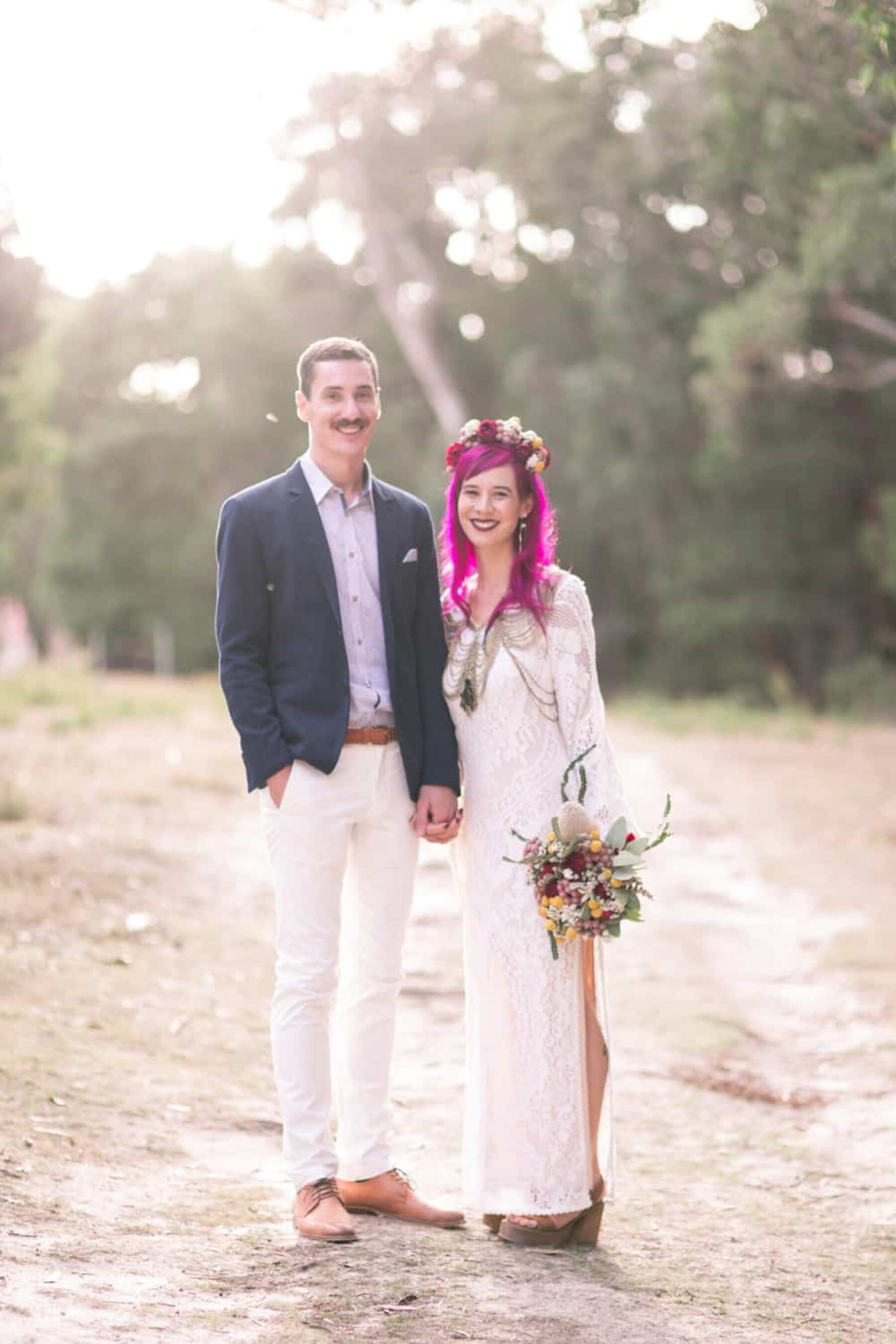 boho bride with pink hair