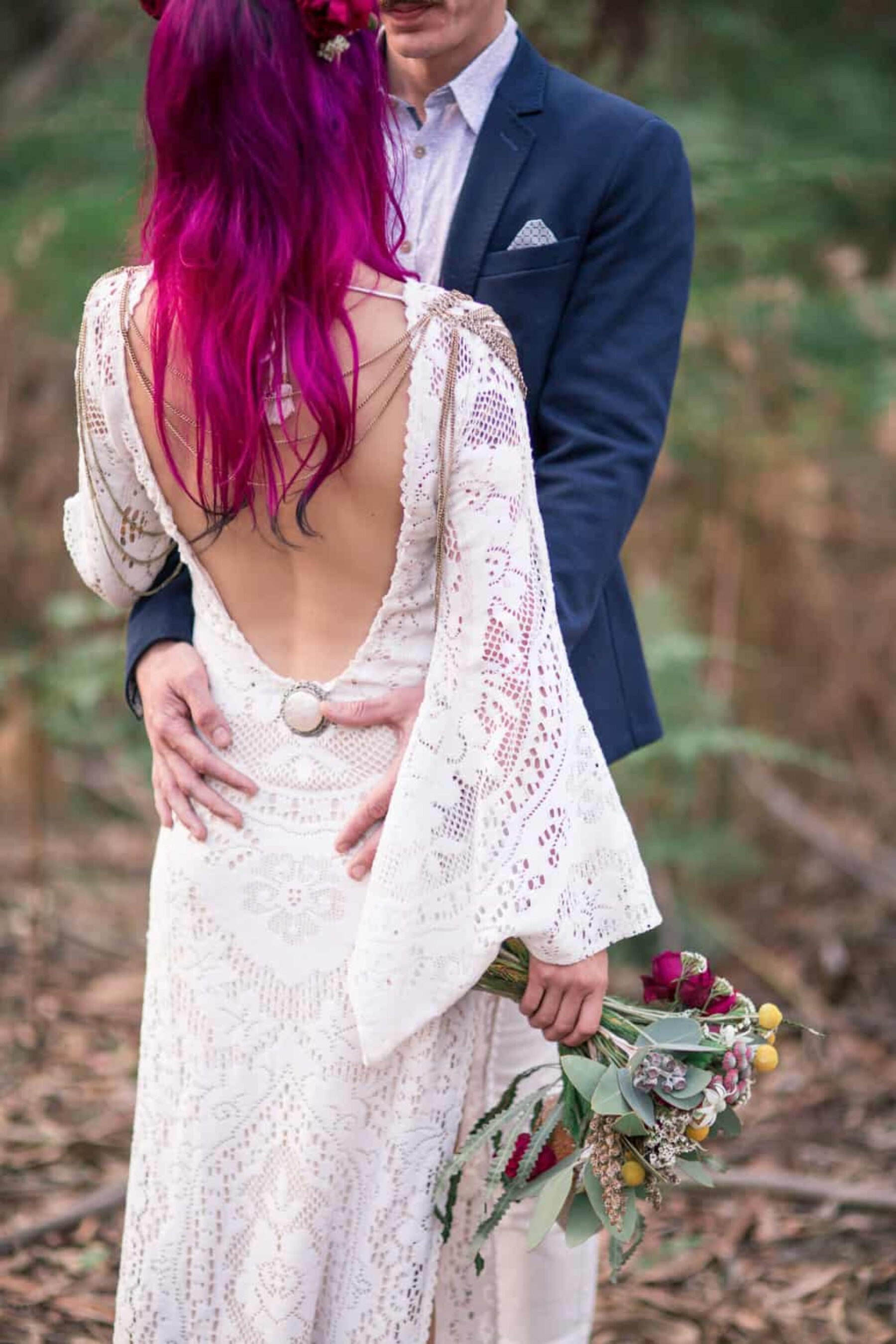 boho bride with pink hair