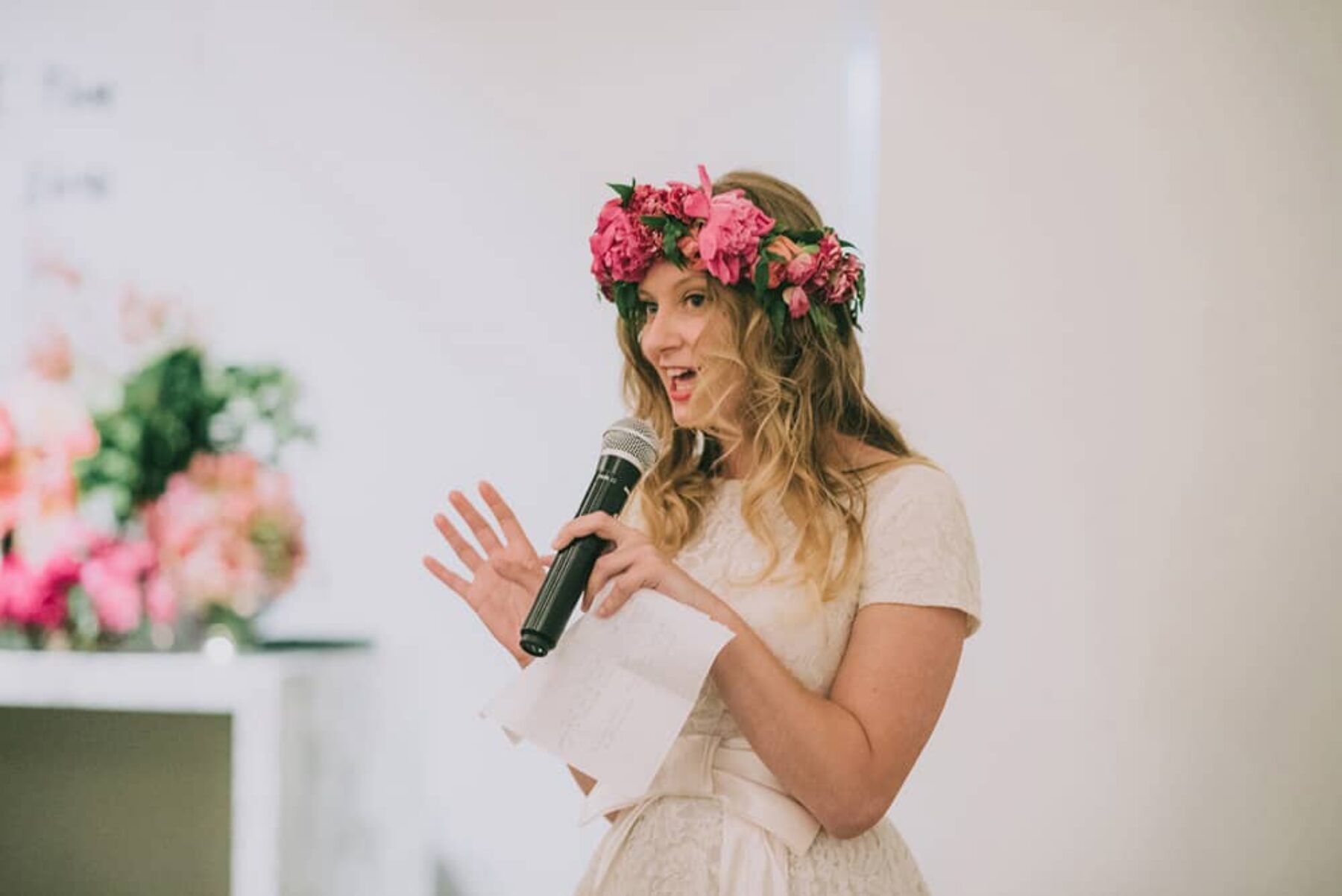 bride in vibrant flower crown