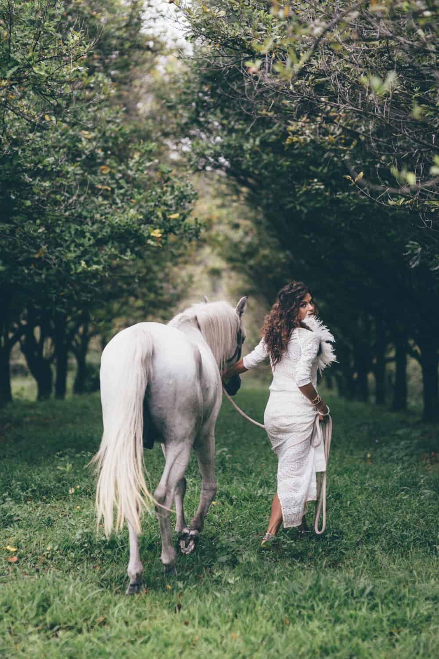boho bride with white horse