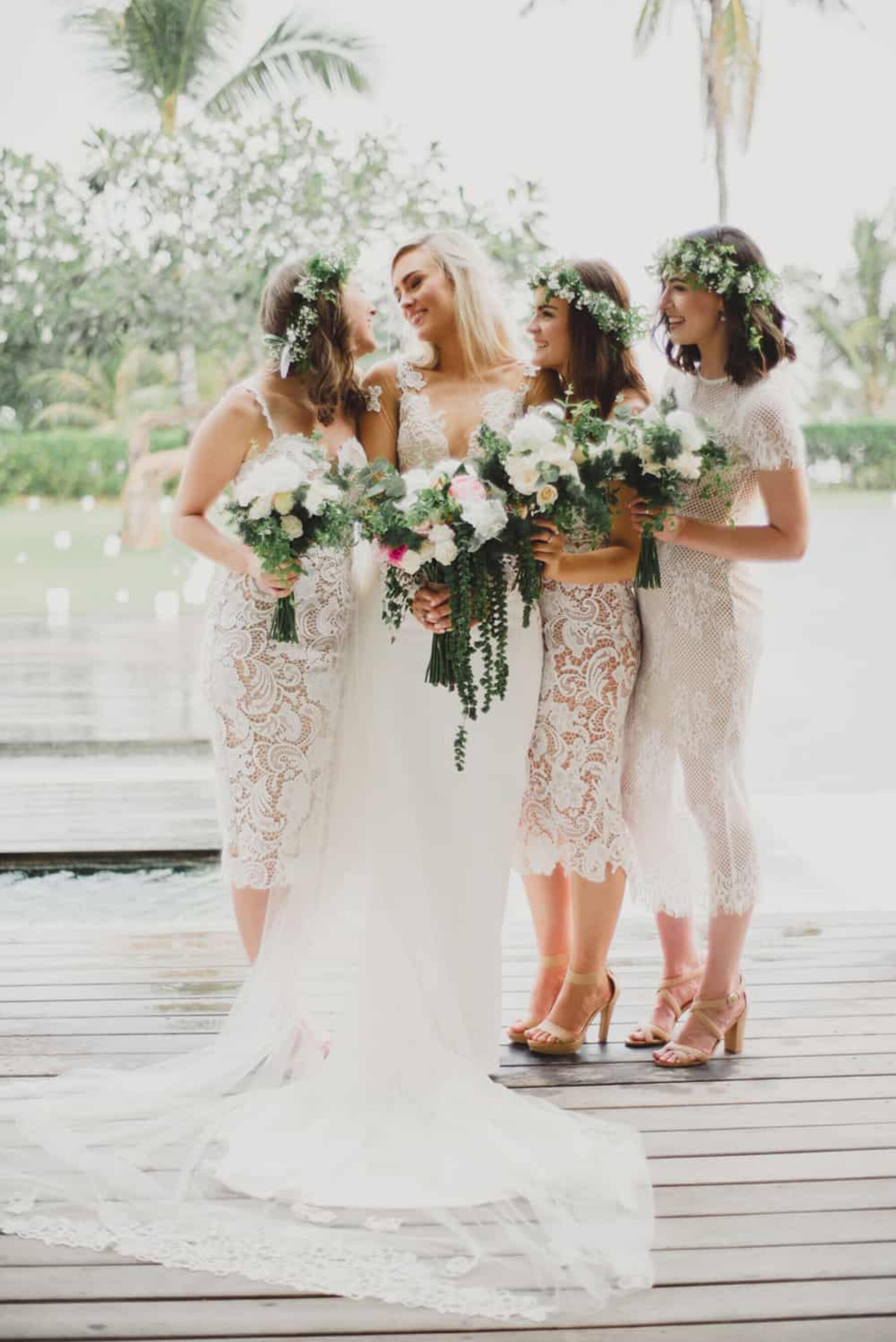 mismatched white lace bridesmaid dresses