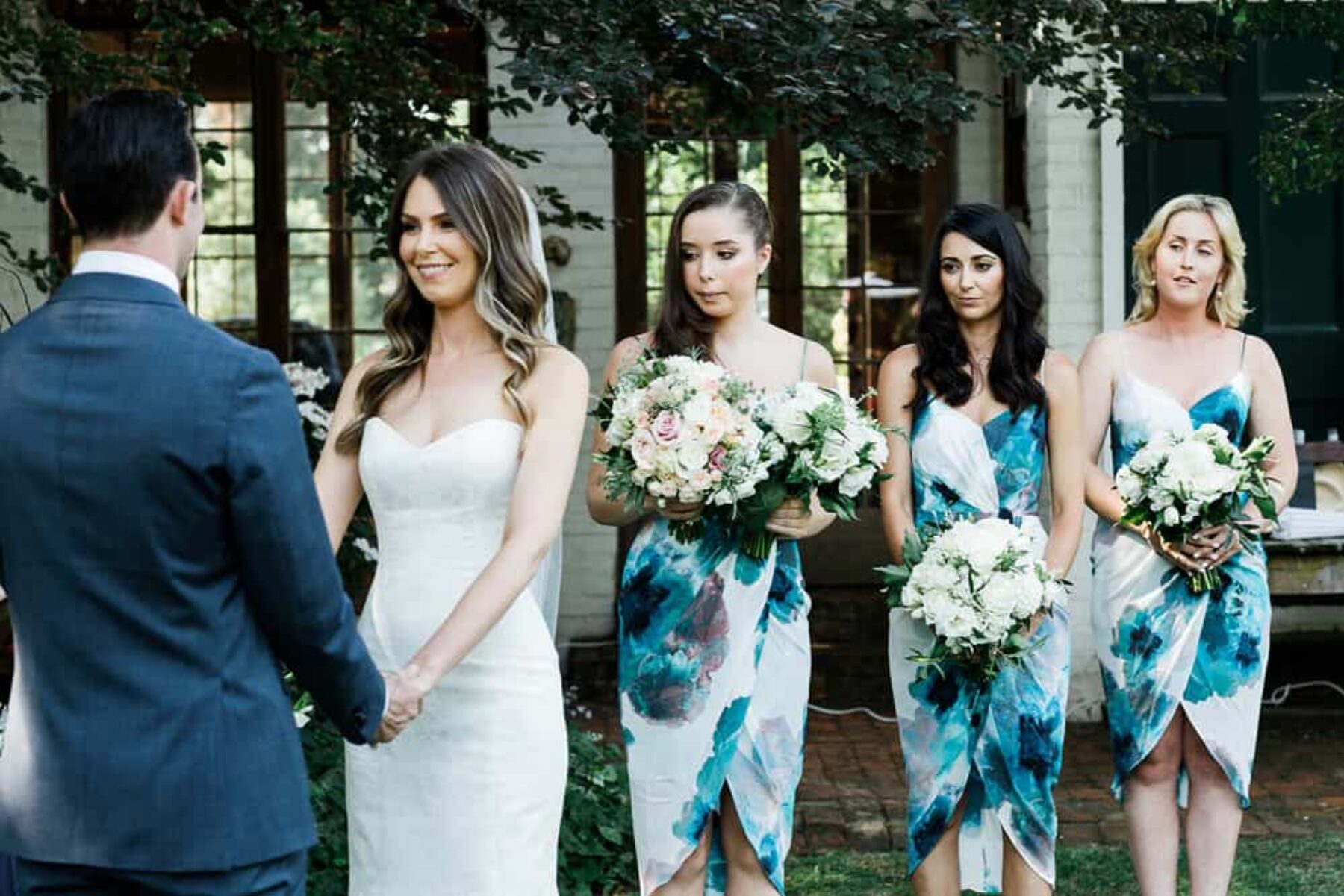 blue floral print bridesmaids dresses