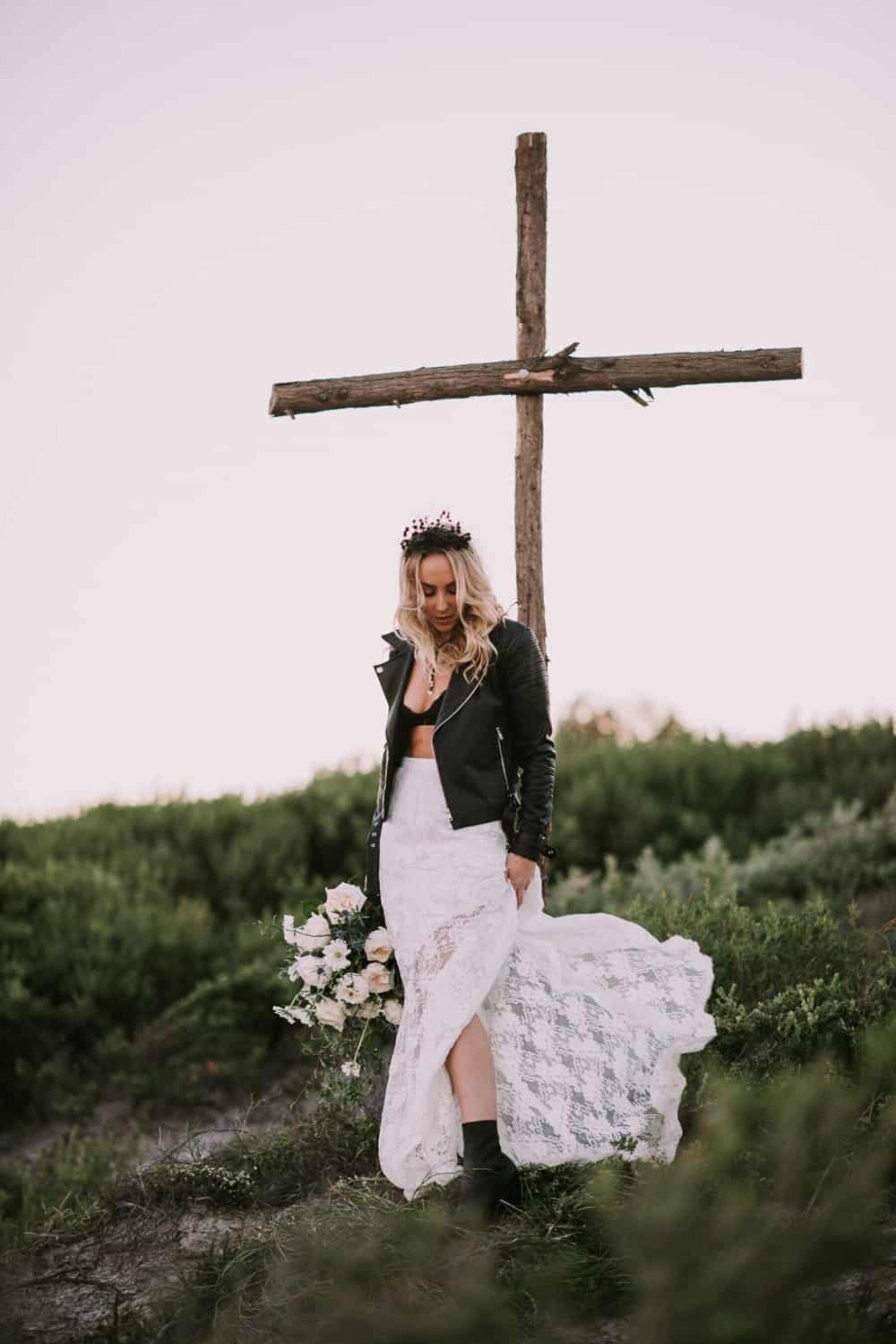 boho bride with leather jacket