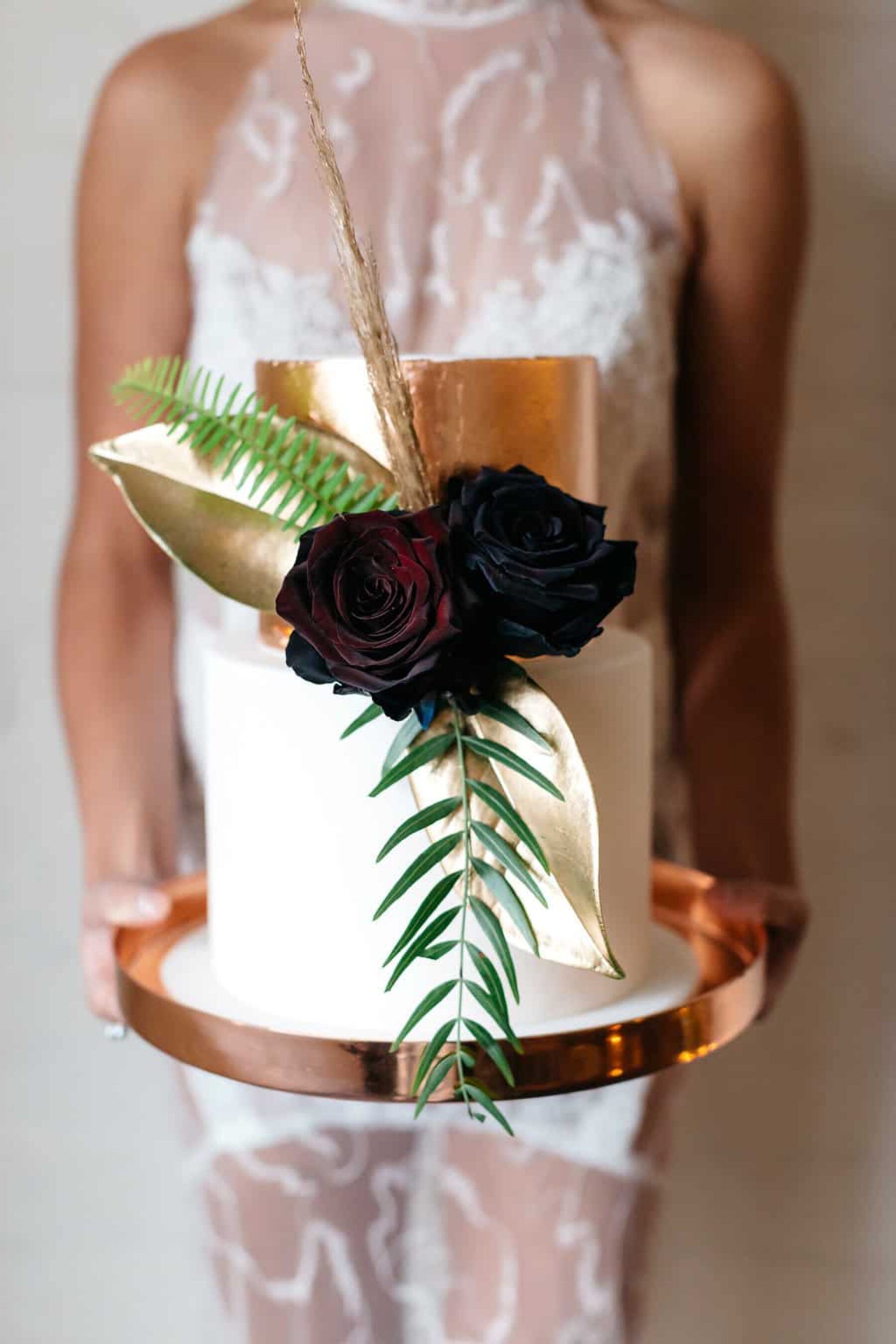 modern metallic and botanic wedding cake