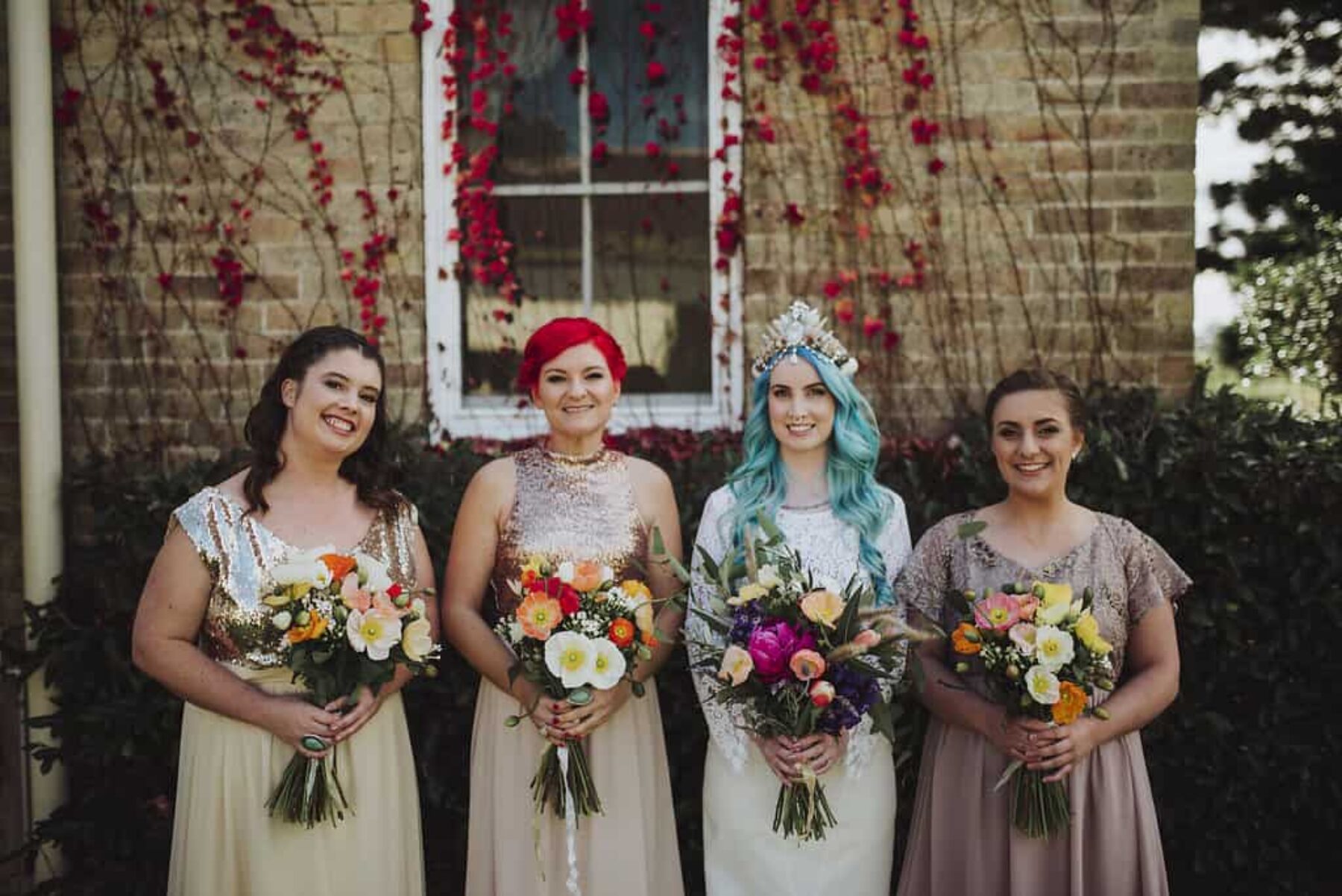 blue haired bride and bridesmaids