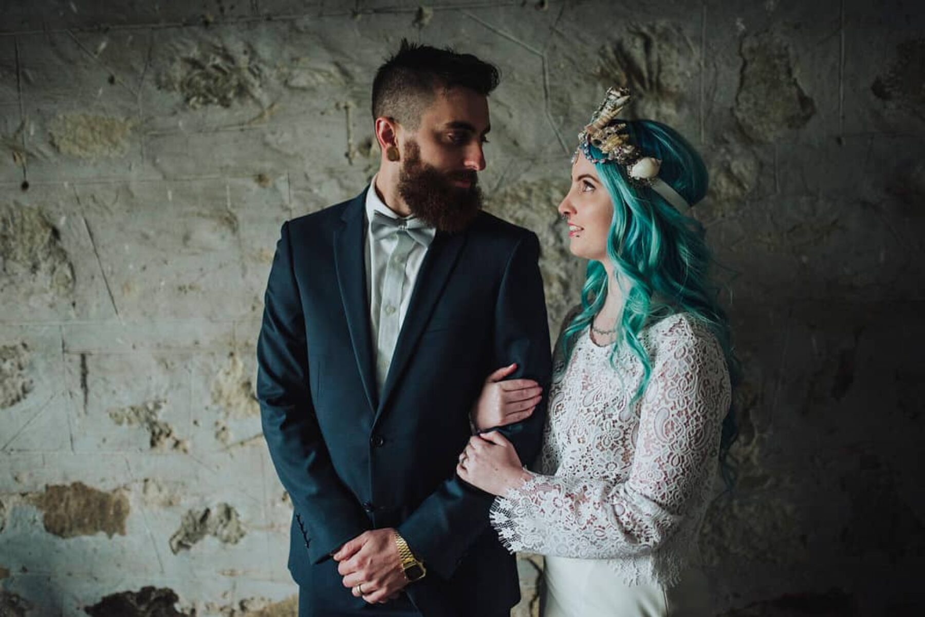 blue haired bride with mermaid crown
