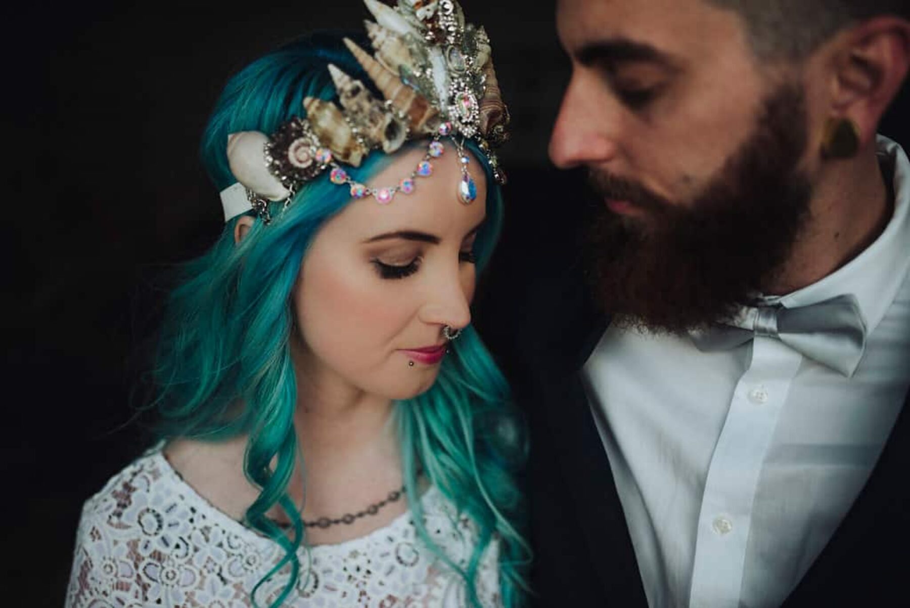 blue haired bride with mermaid crown