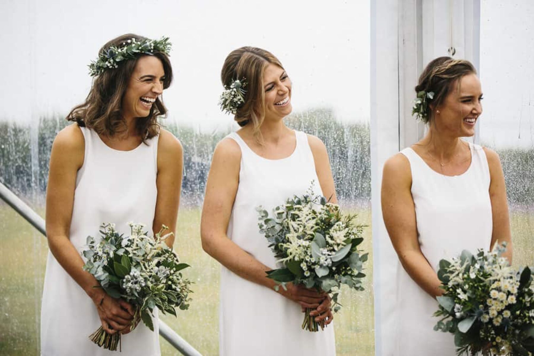 bridesmaids with green and white bouquets
