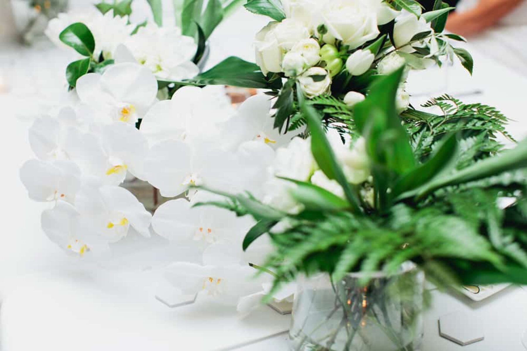modern green and white table flowers