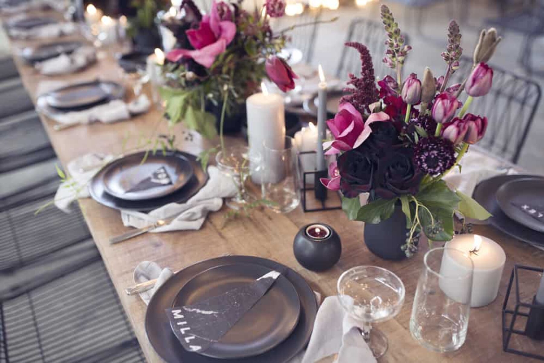 Modern wedding tablescape with black tableware
