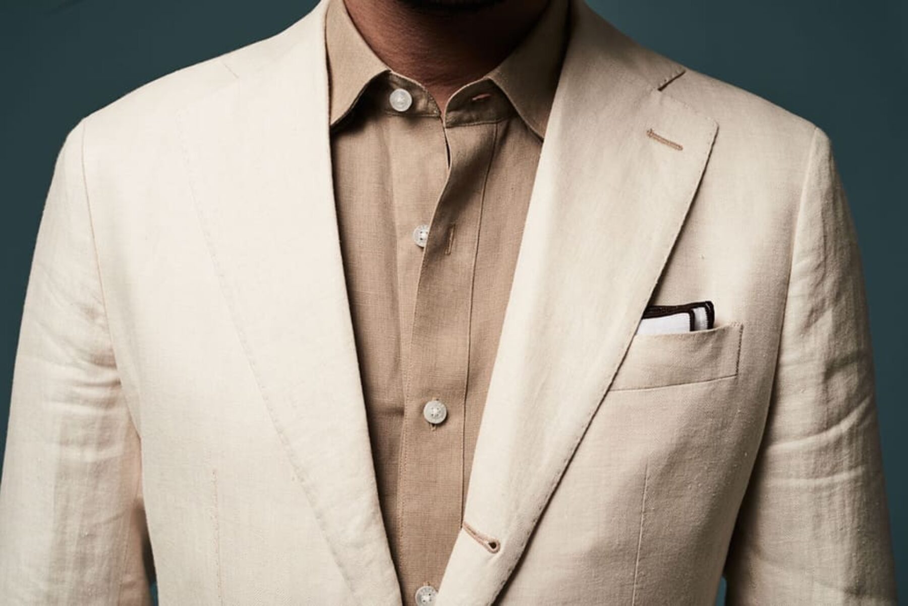 tan shirt and linen blazer by Oscar Hunt Tailors