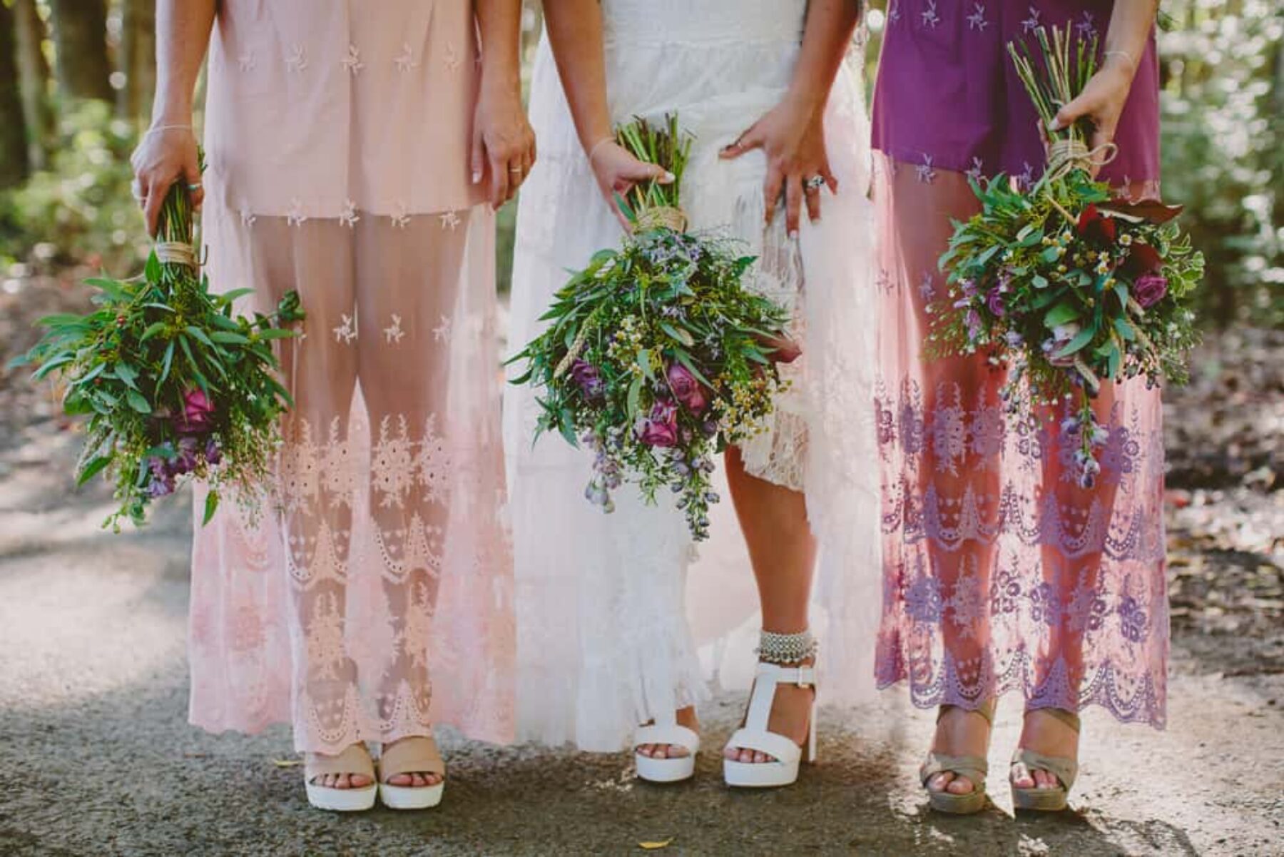 pink and purple boho bridesmaids dresses