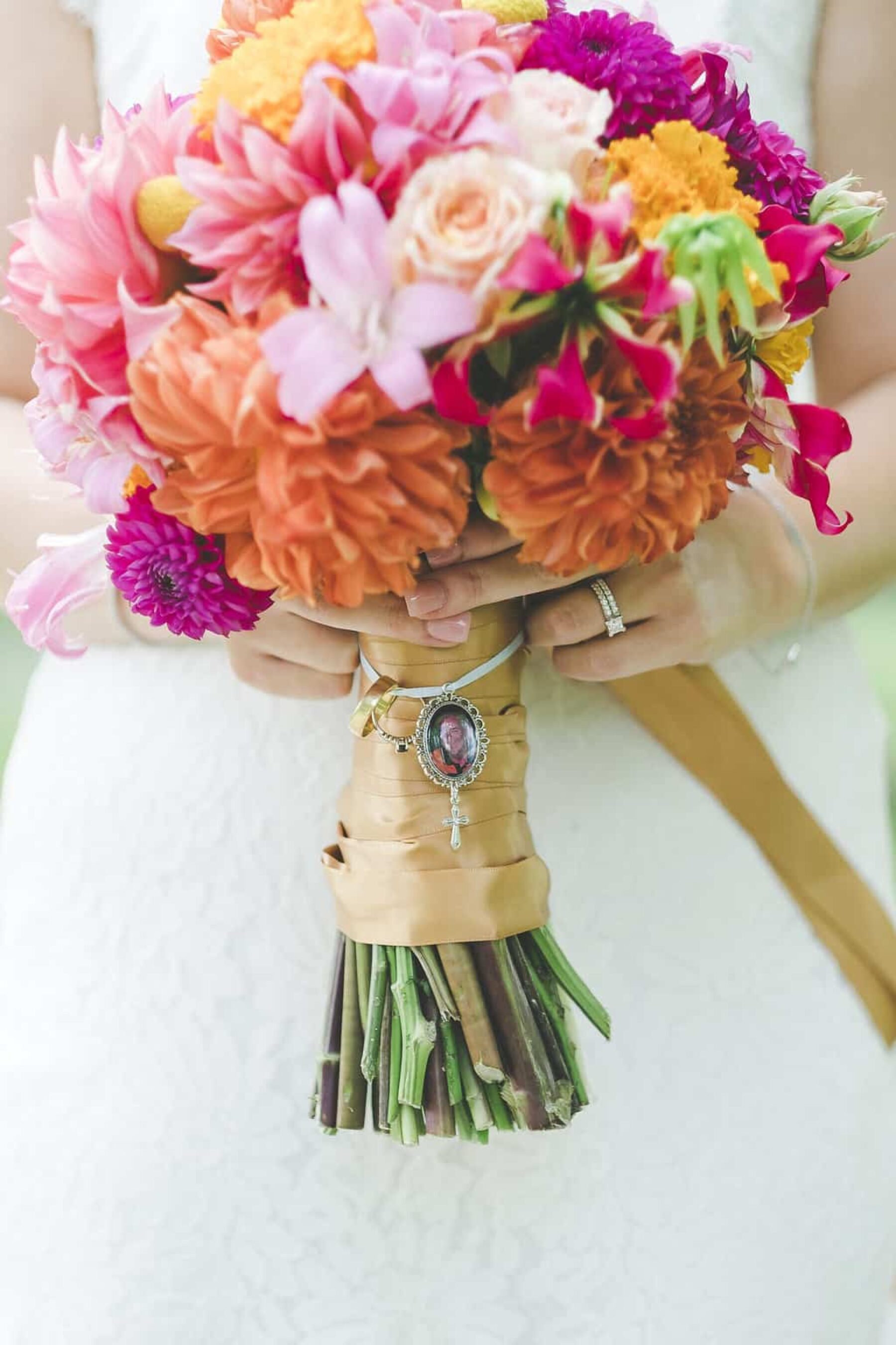 pink and orange dahlia wedding bouquet
