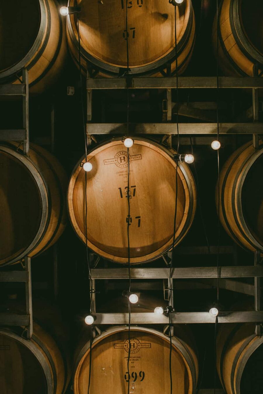wine barrels and festoon lighting