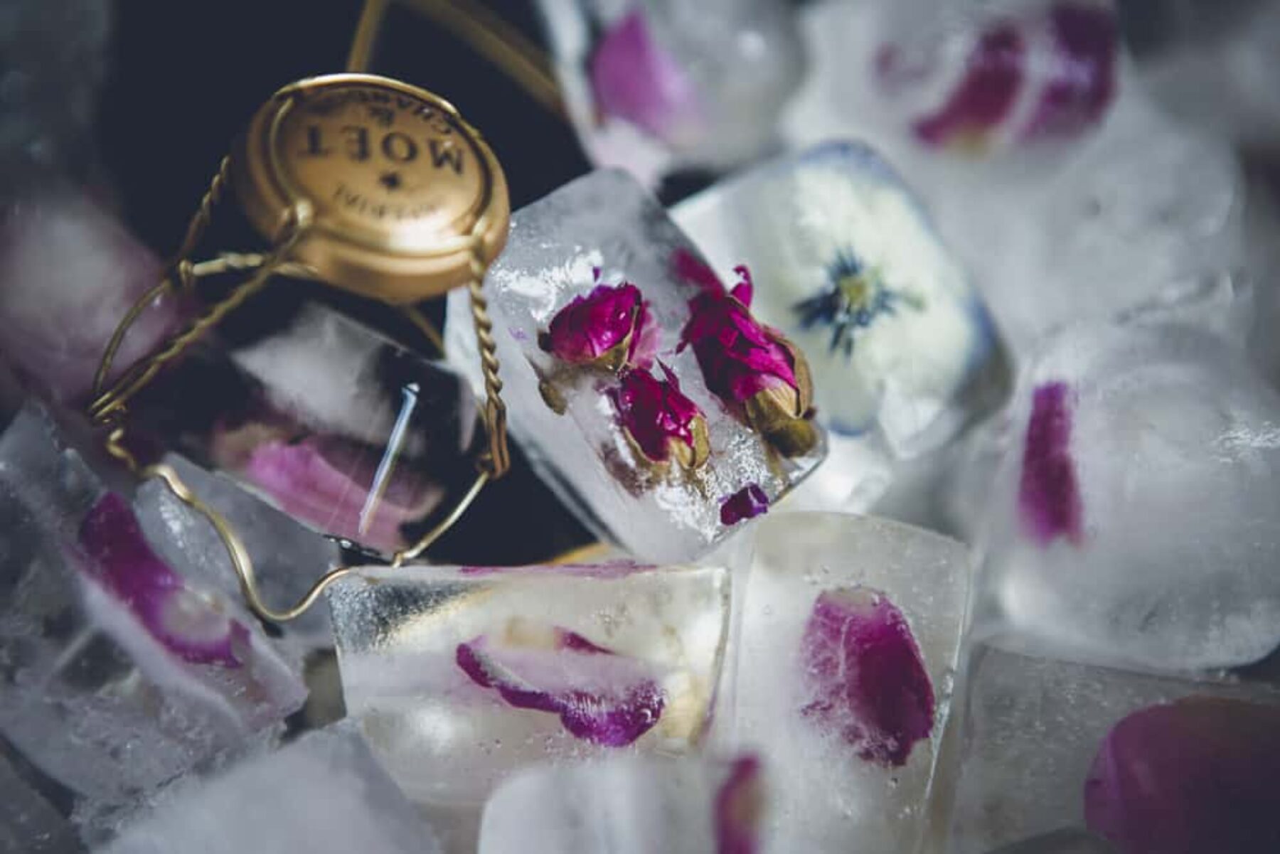 champagne ice bucket with frozen flowers