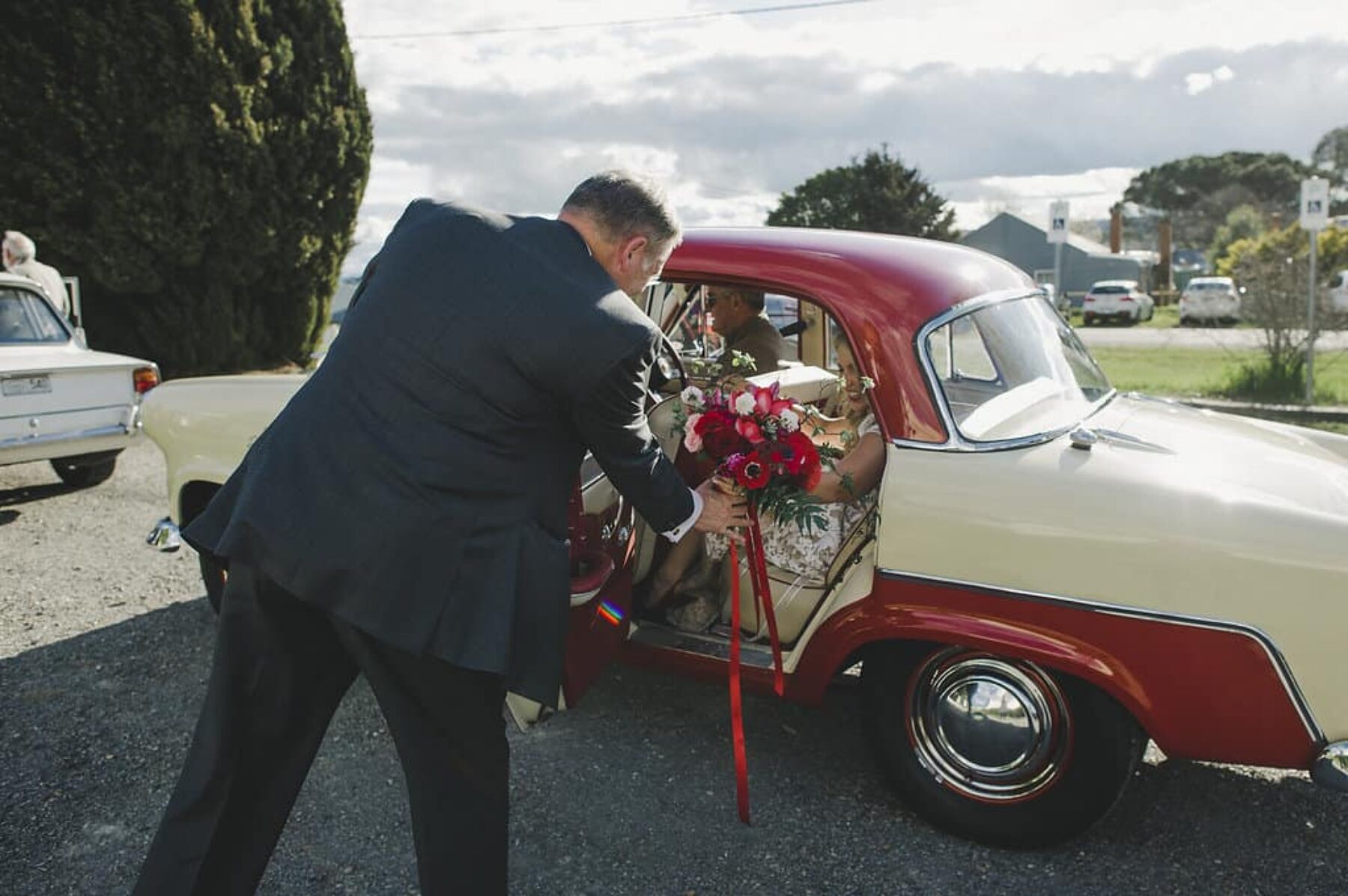 vintage red wedding car