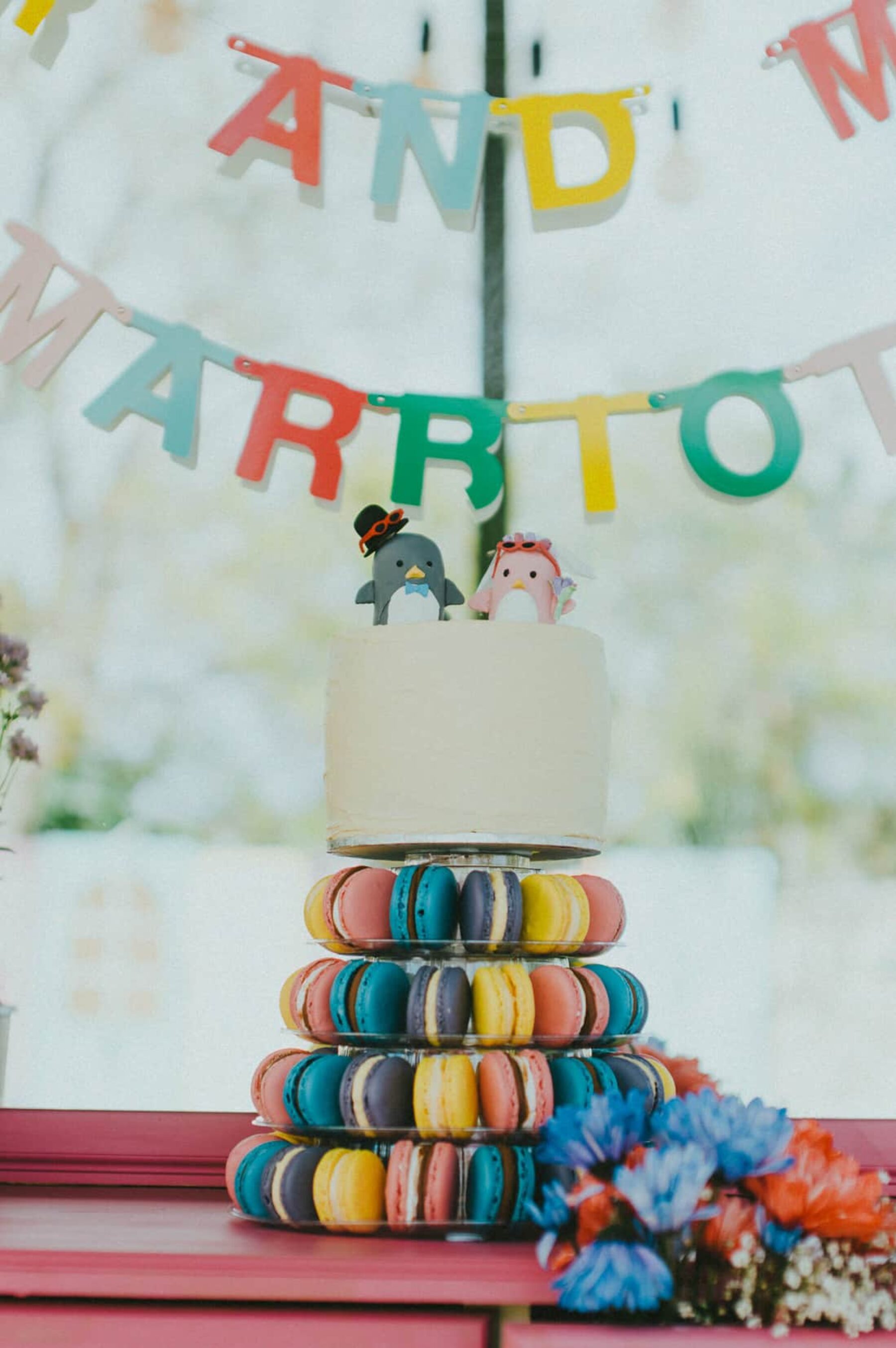 colourful macaron wedding cake