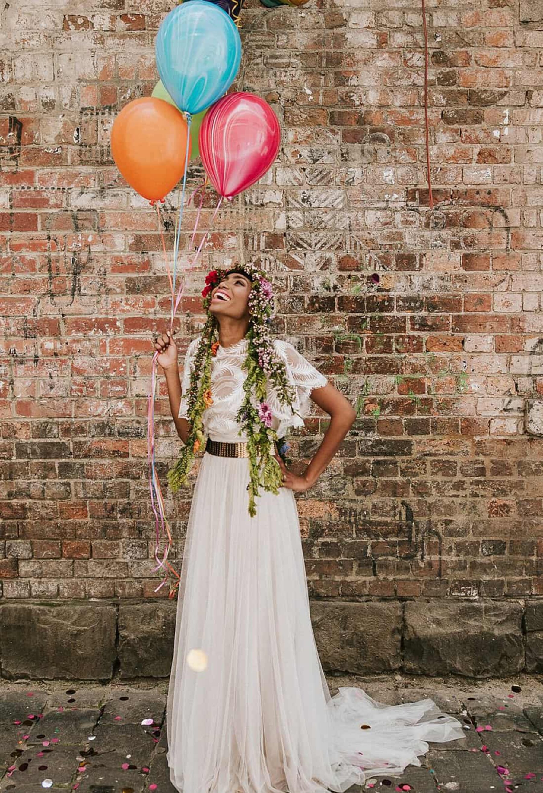 boho bride with flower crown and balloons