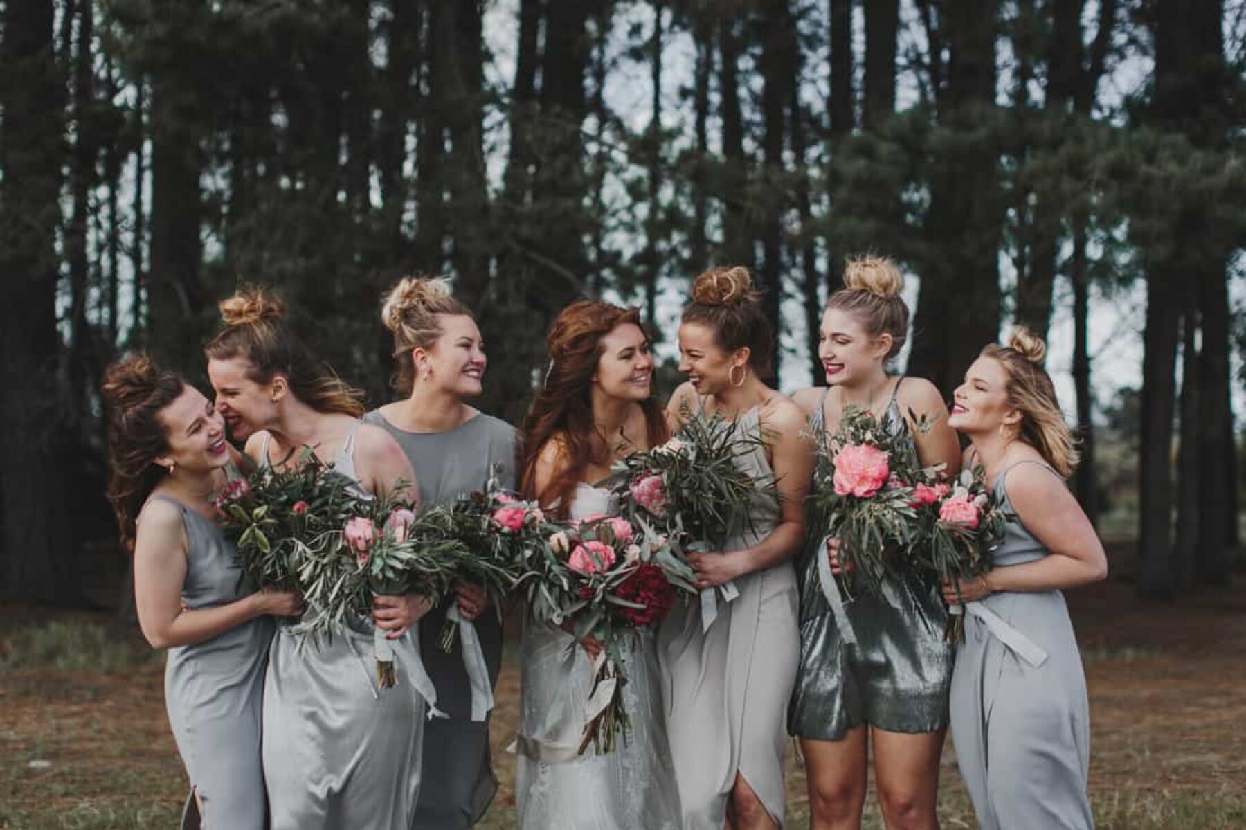 bridesmaids in mixed grey dresses