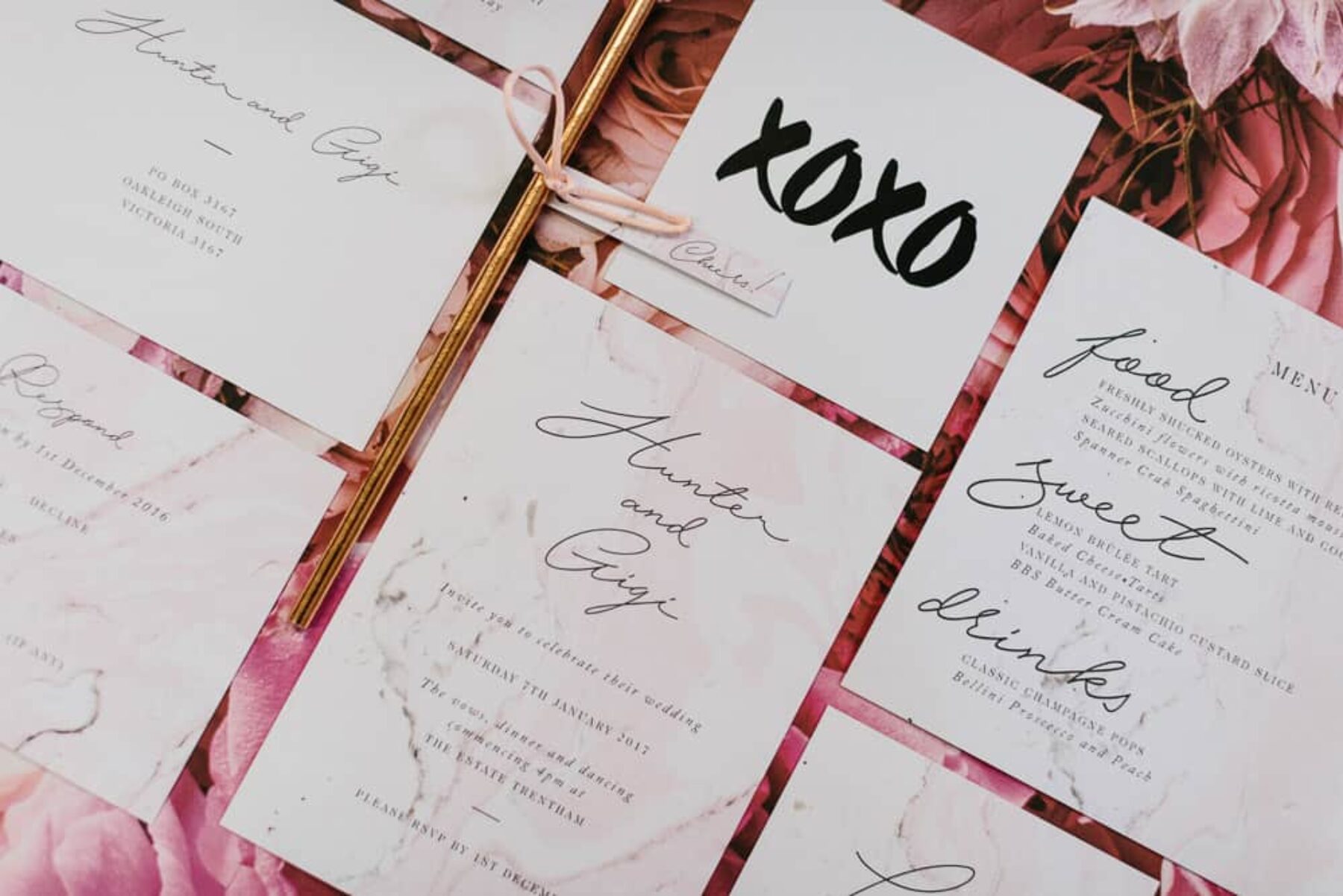 typographic marble wedding invitations