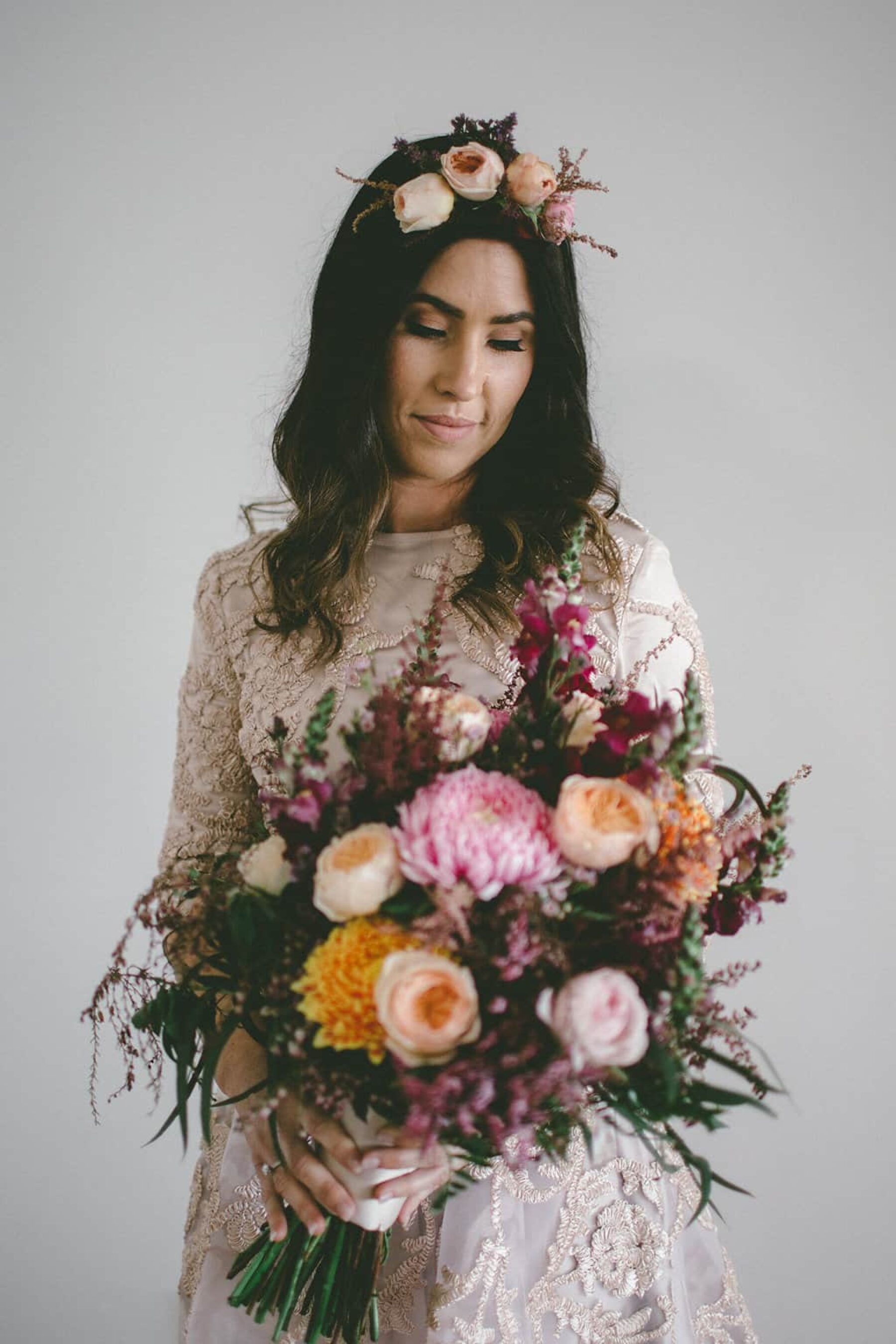 wild bridal bouquet with dahlias and roses