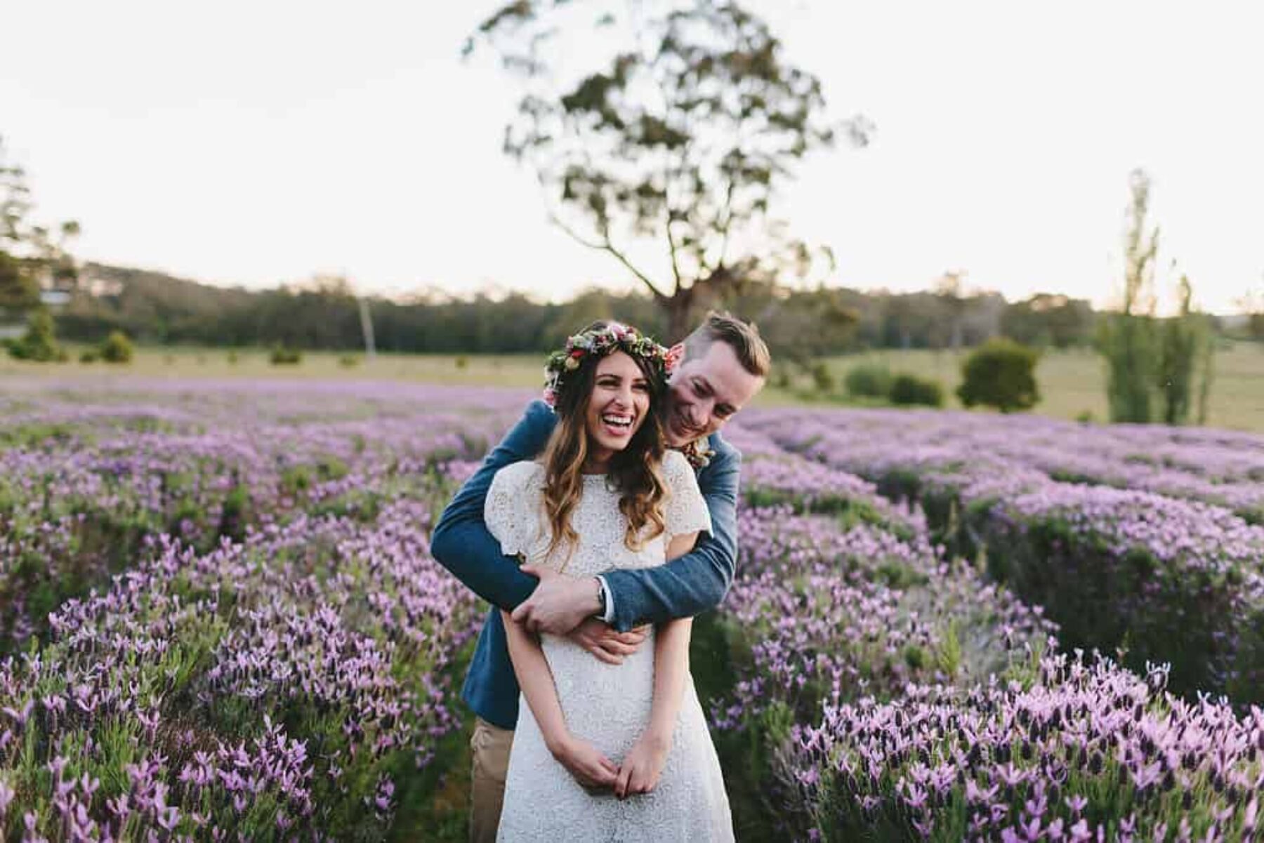 bride and groom in lavender field at Sault Daylesford
