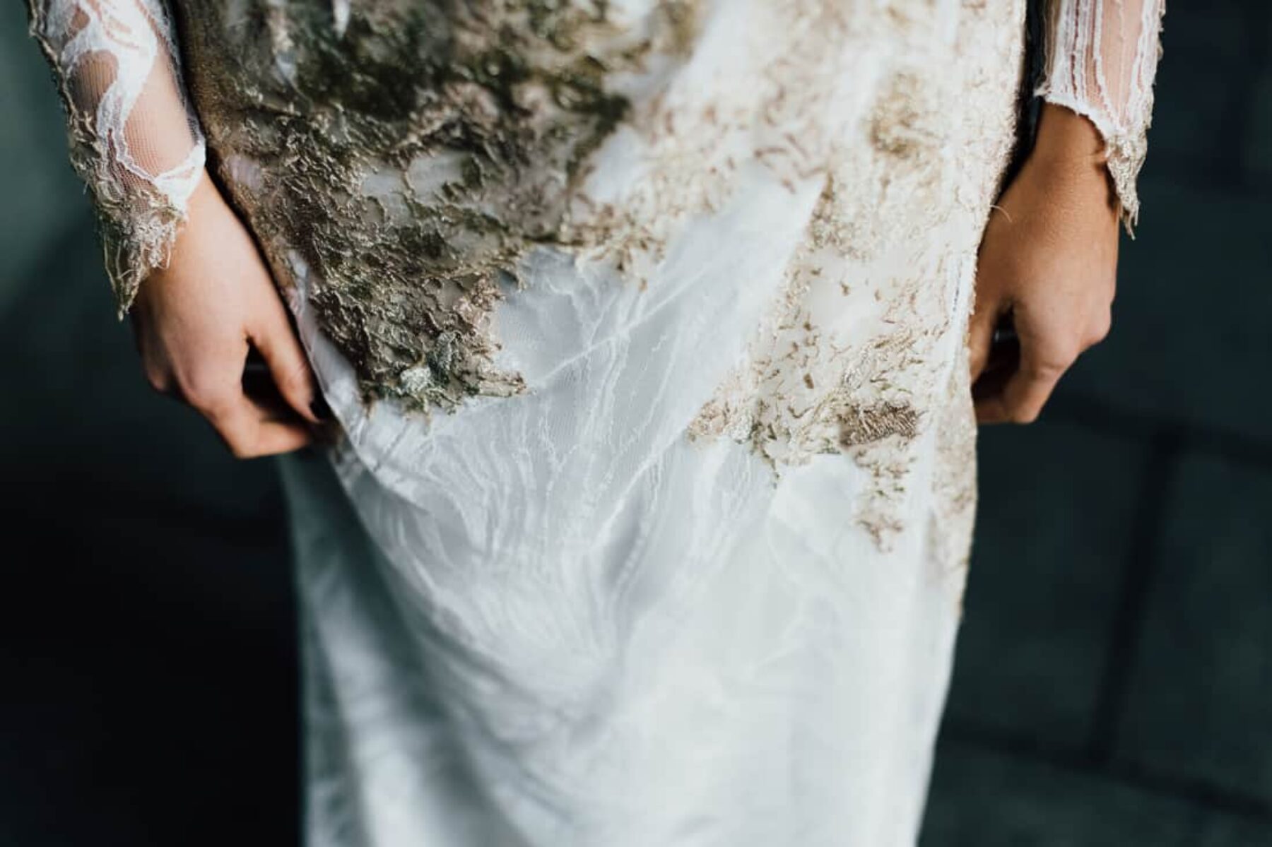 long sleeve Aelkemi wedding dress with gold embroidery