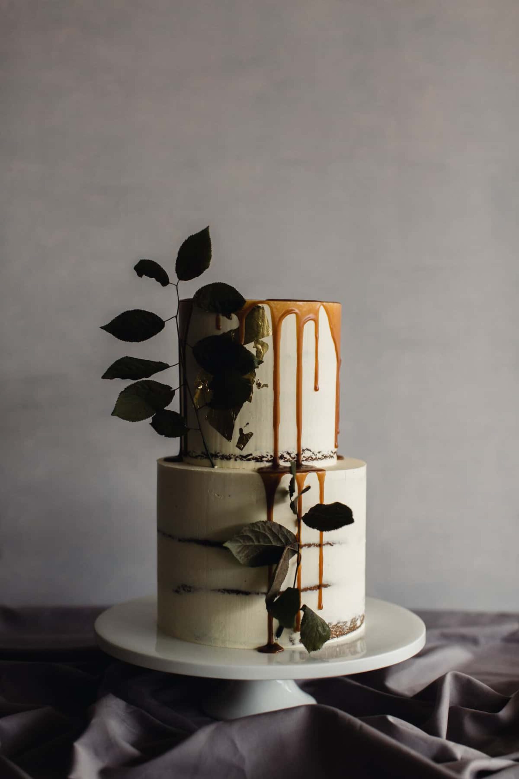 rustic wedding cake with caramel drip