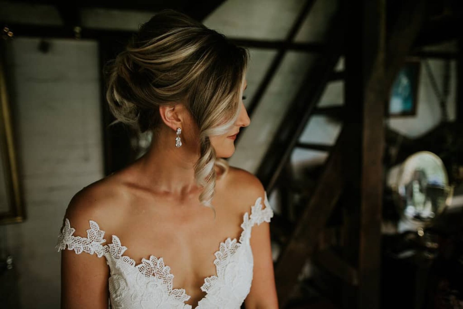 Lace off-shoulder wedding dress by Olvi's