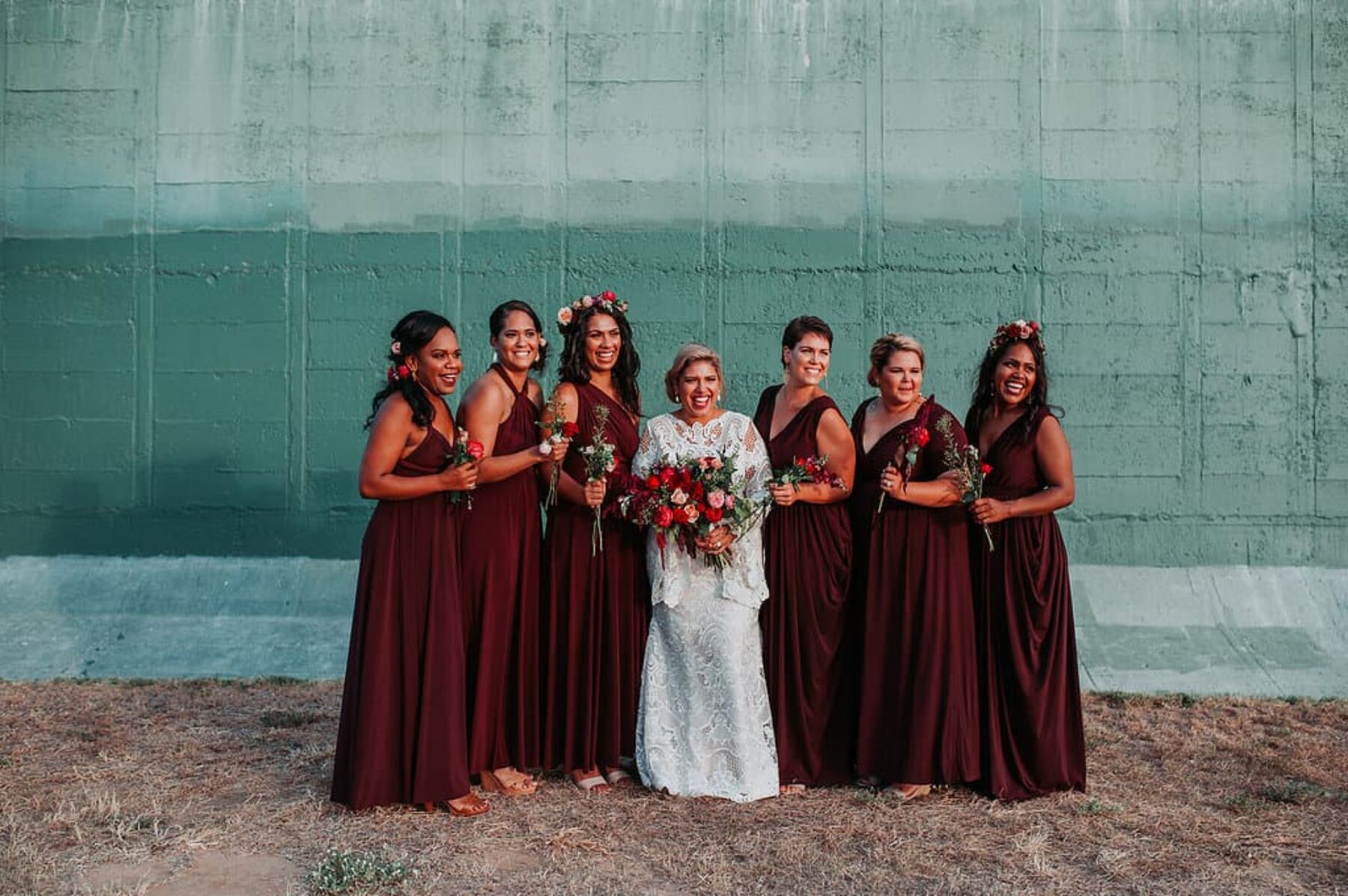 deep red bridesmaid dresses in mixed styles
