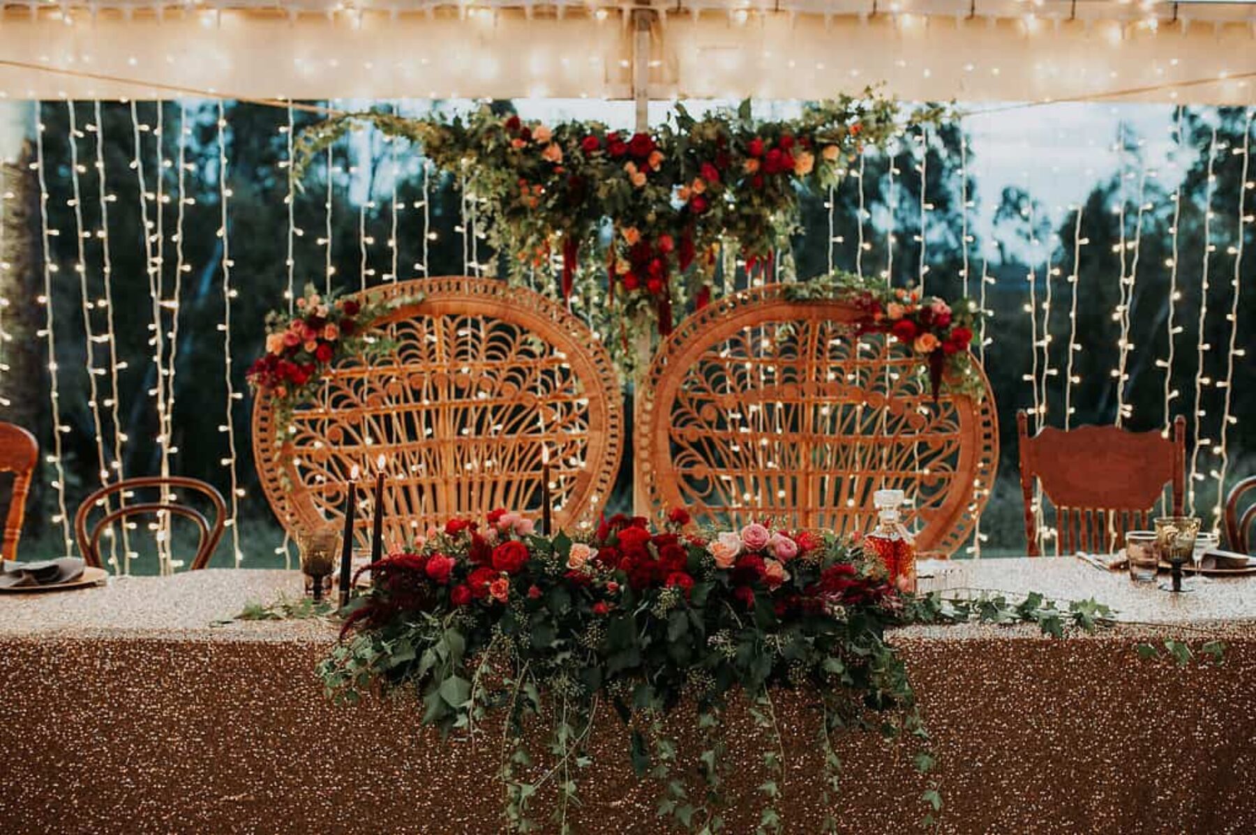 bride and groom peacock chairs