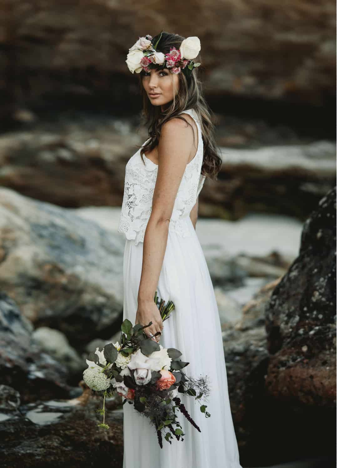 boho beach bride with flower crown
