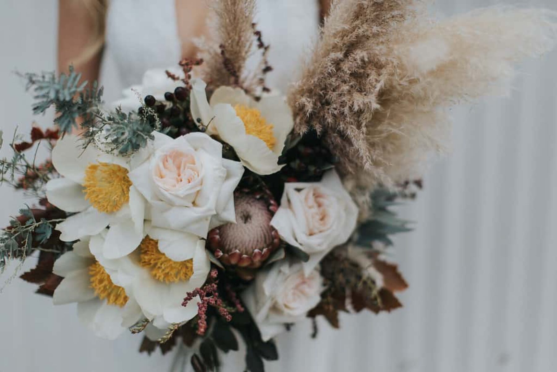 unstructured oversized bridal bouquet with magnolias and plumes of pampas grass