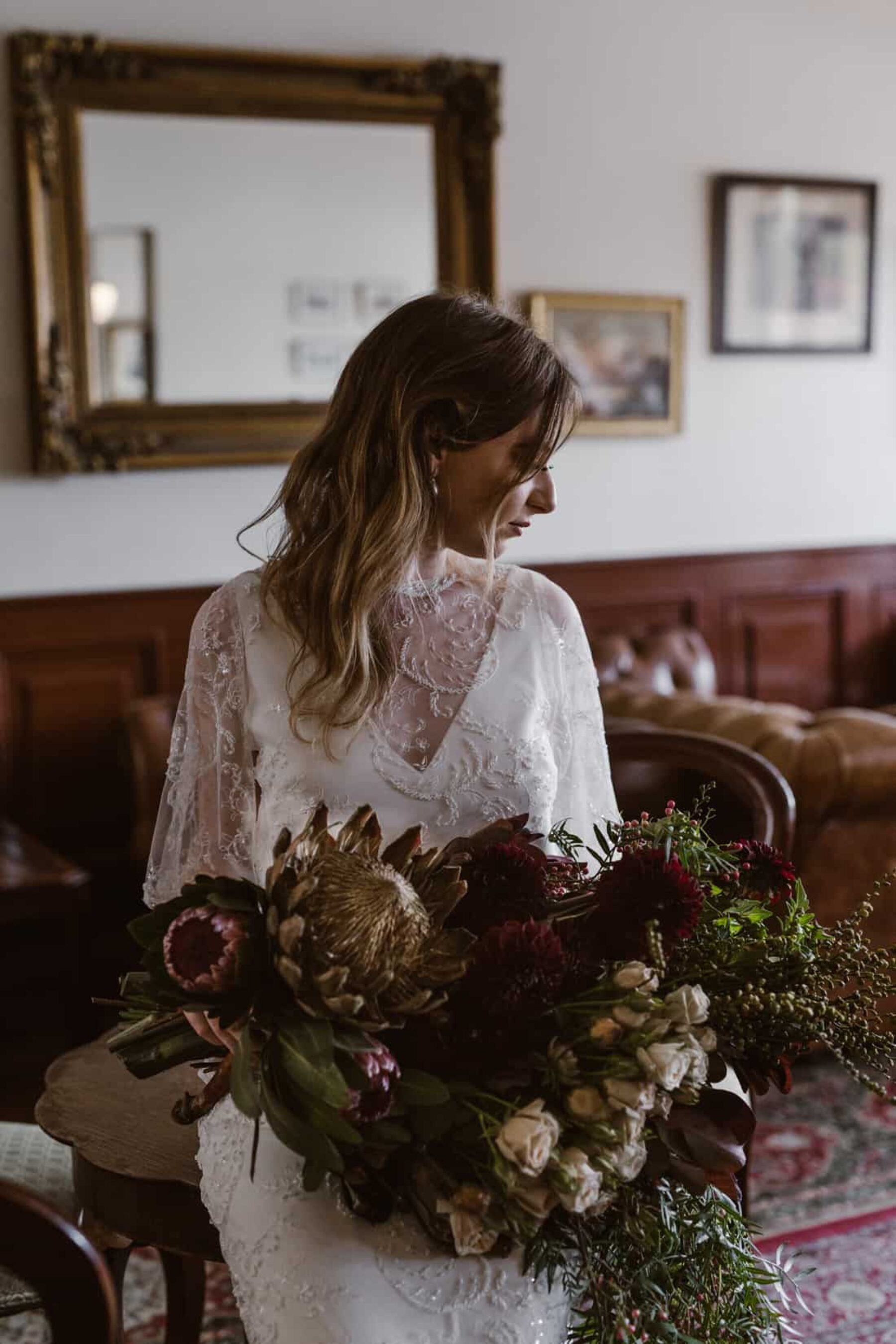 vintage bride with wild unstructured bouquet
