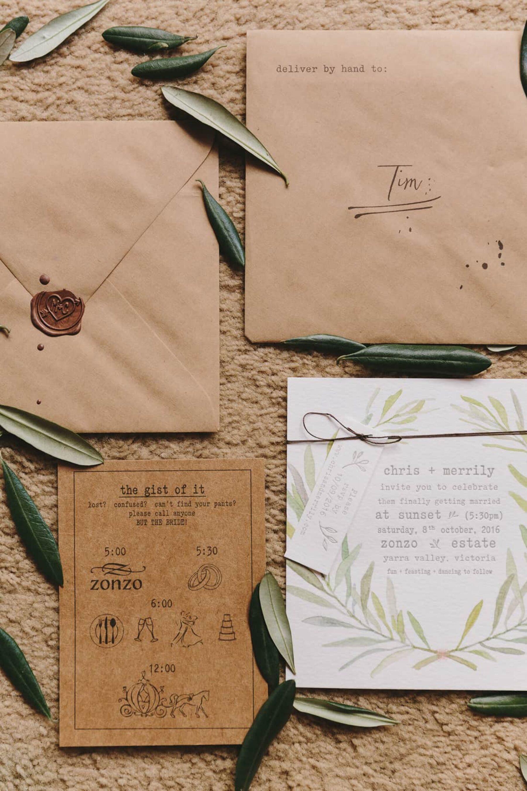 olive leaf watercolour wedding invitation
