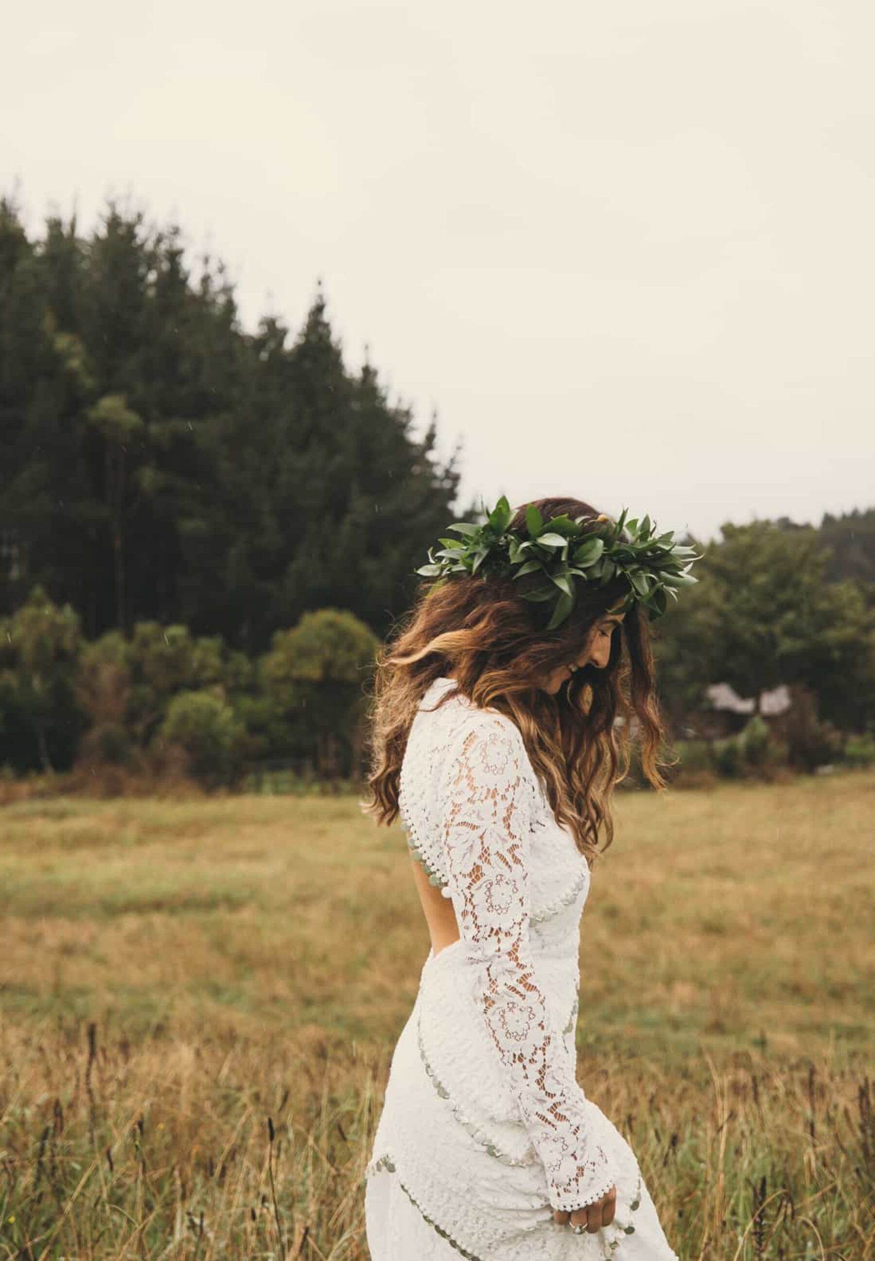 boho bride with foliage crown