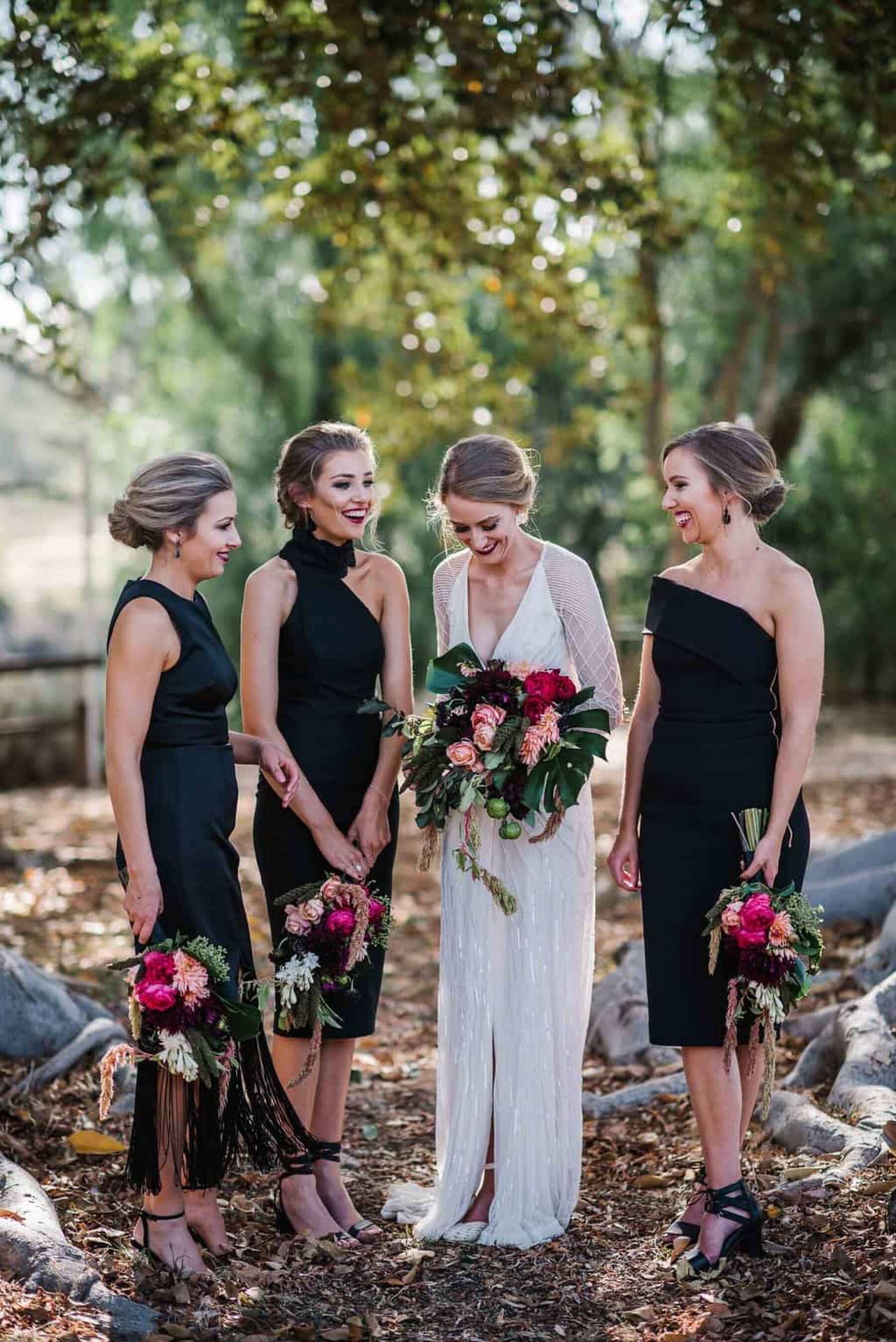 art deco bride and bridesmaids in black cocktail dresses
