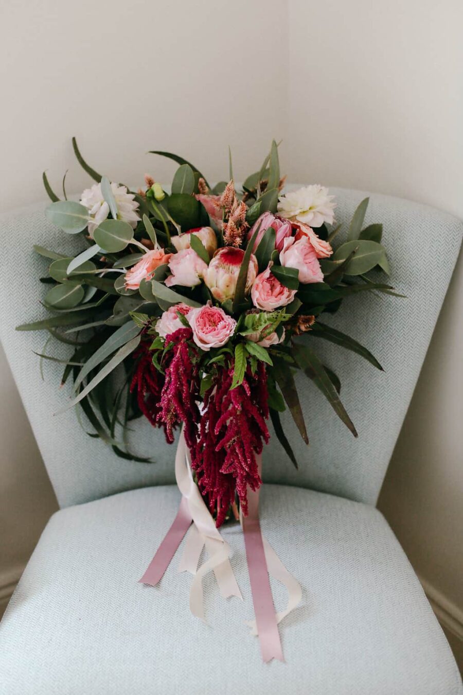 pink bridal bouquet with gum leaves