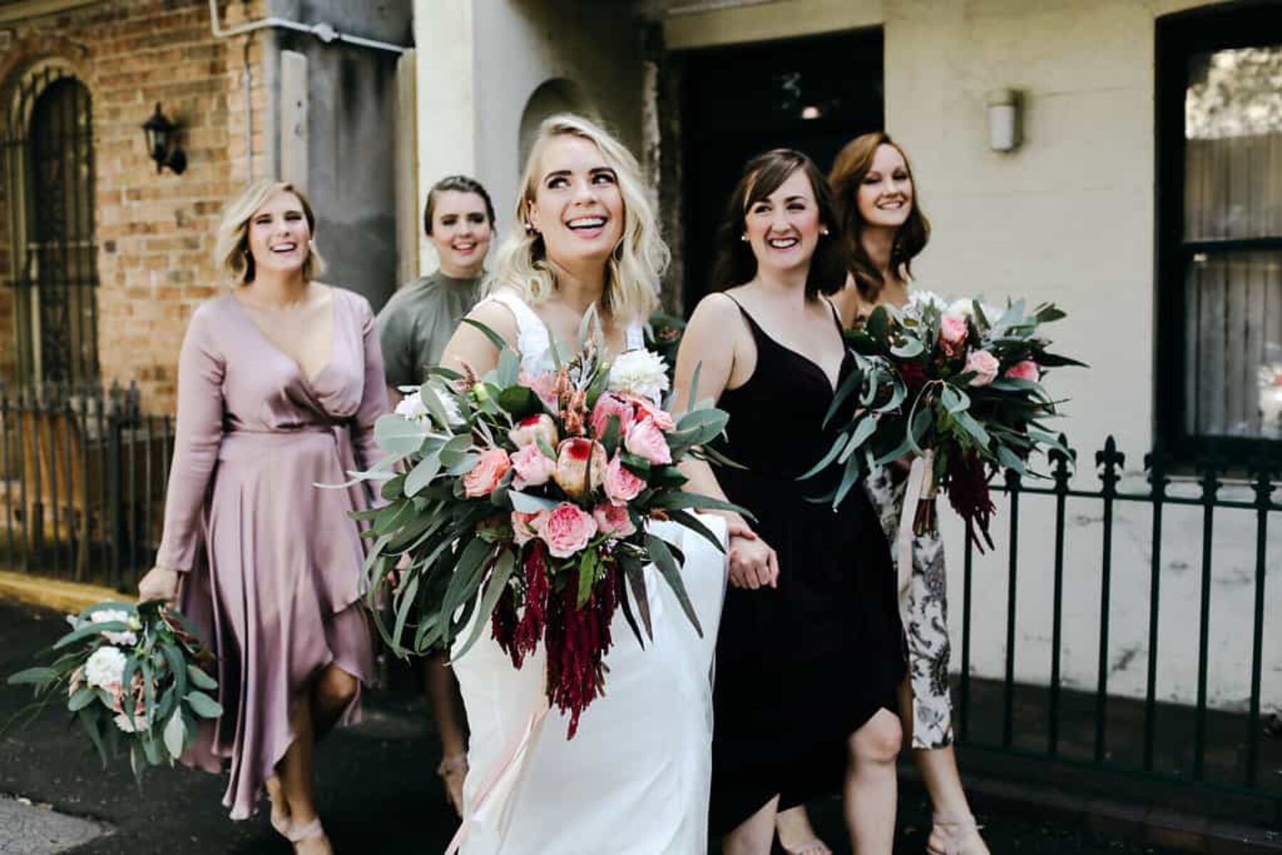 modern bride with mismatched bridesmaids