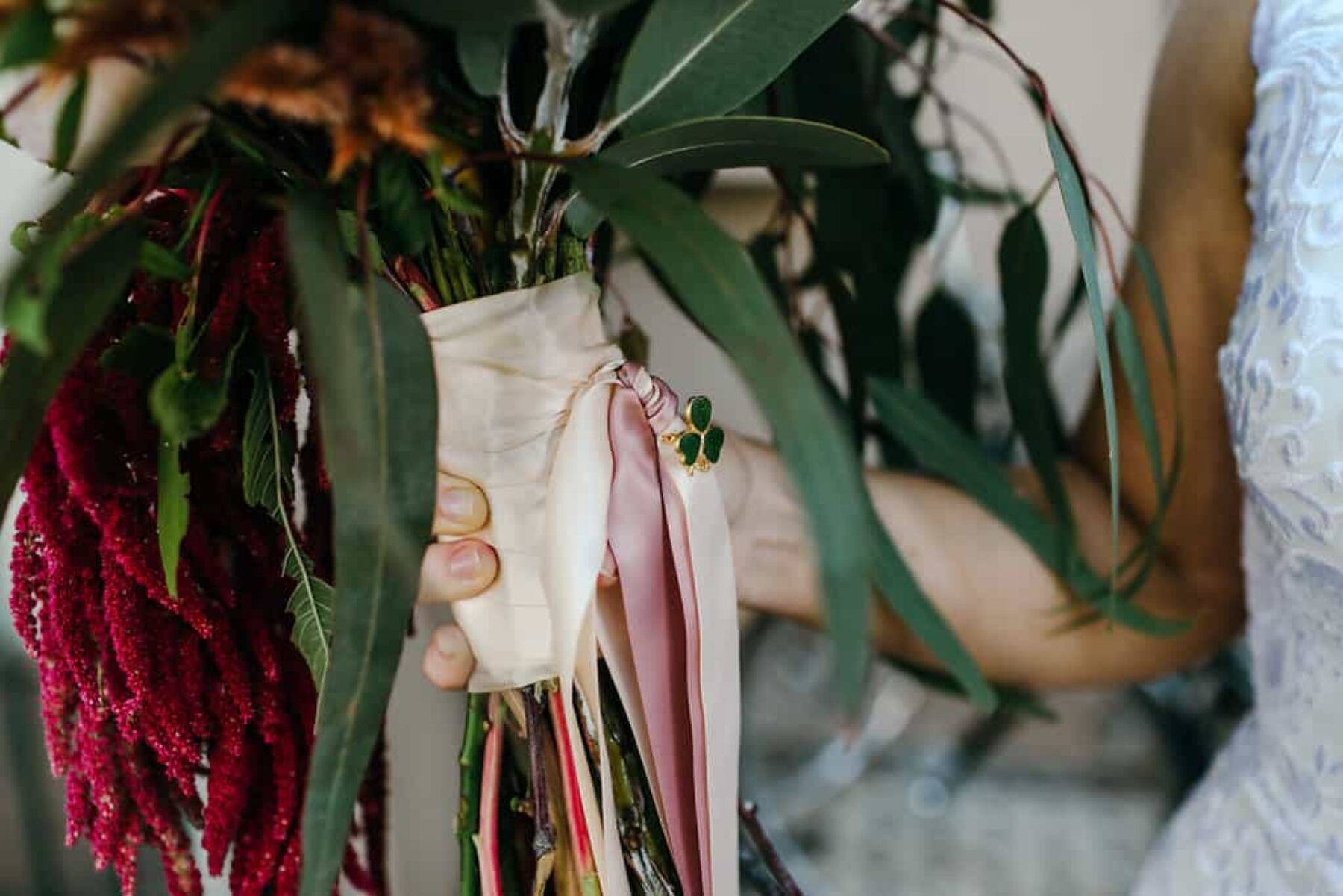 eucalyptus and amaranth bridal bouquet